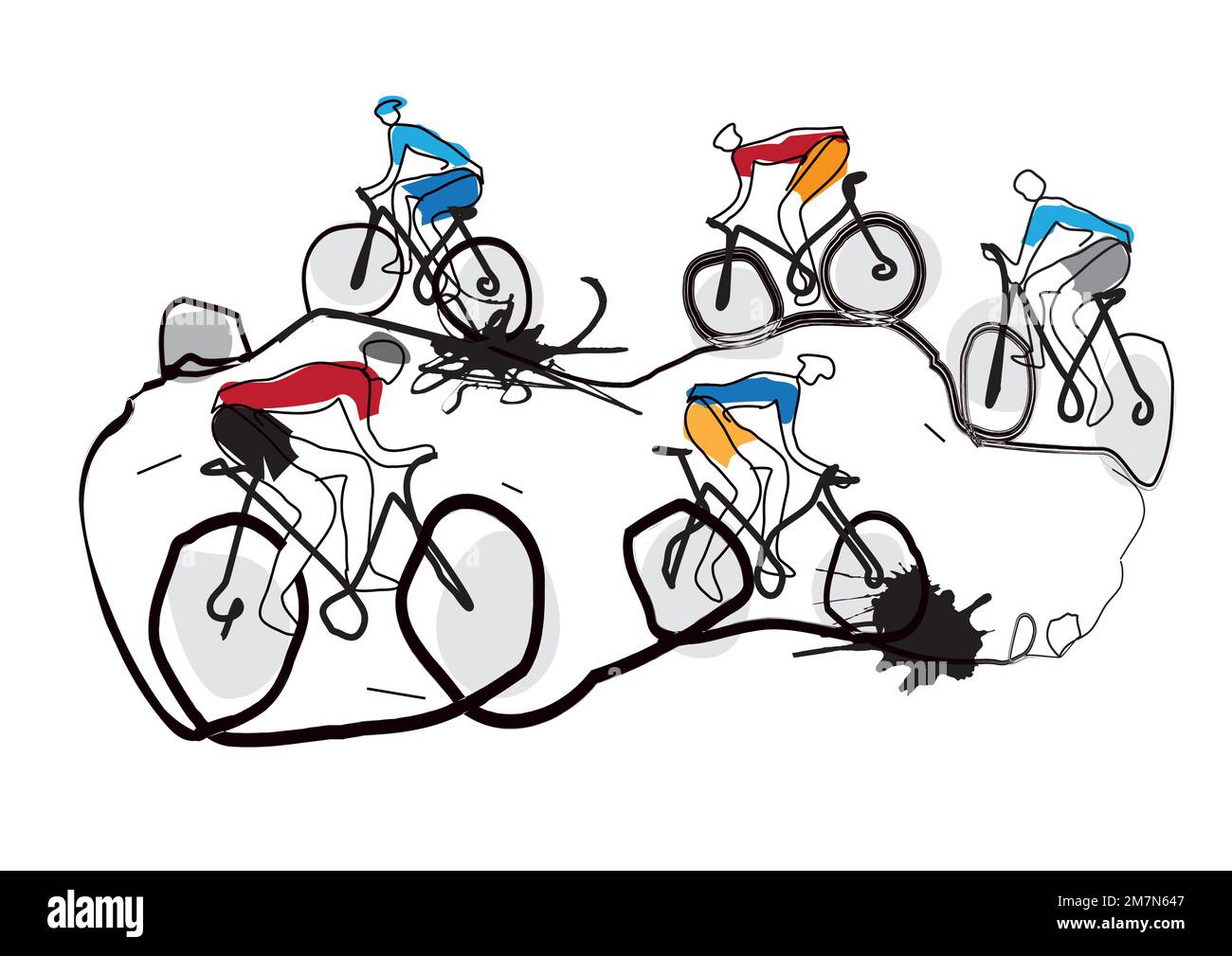 Concours de VTT, course cycliste, art stylisé. Illustration amusante et expressive du VTT extrême mtb. Mise en plan de ligne continue. Illustration de Vecteur