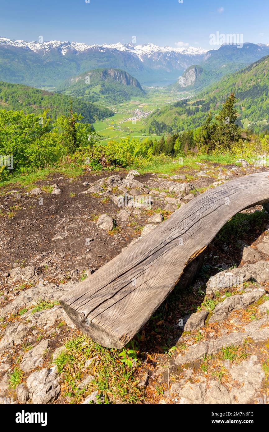 Vue sur le lac et la vallée de Bohinj depuis le point d'observation de Vodnikov. Bohinjska Bistrica, Slovénie, Europe. Banque D'Images