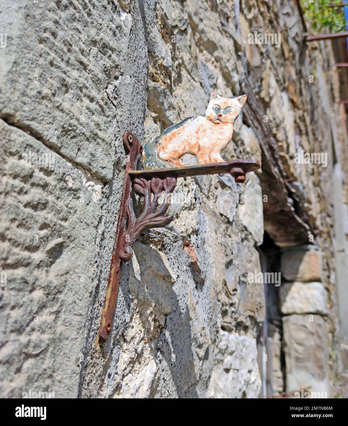 Figure de chat comme protection de nez sur la paroi de pierre de carrière, Toscane du Nord Banque D'Images