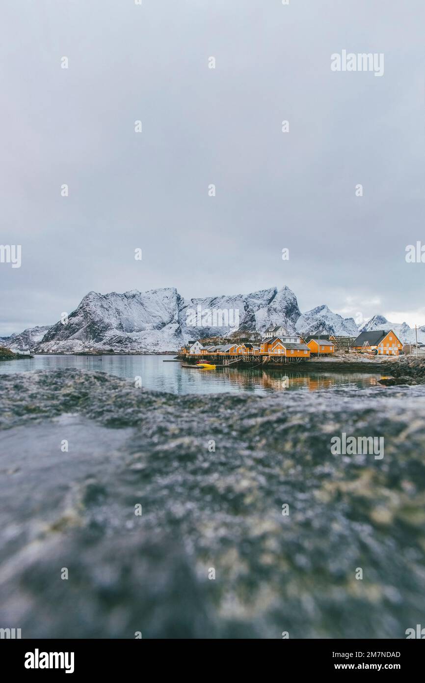 Village de pêcheurs à Reine avec maisons jaunes, Moskenesoya, Lofoten, Nordland, Norvège Banque D'Images