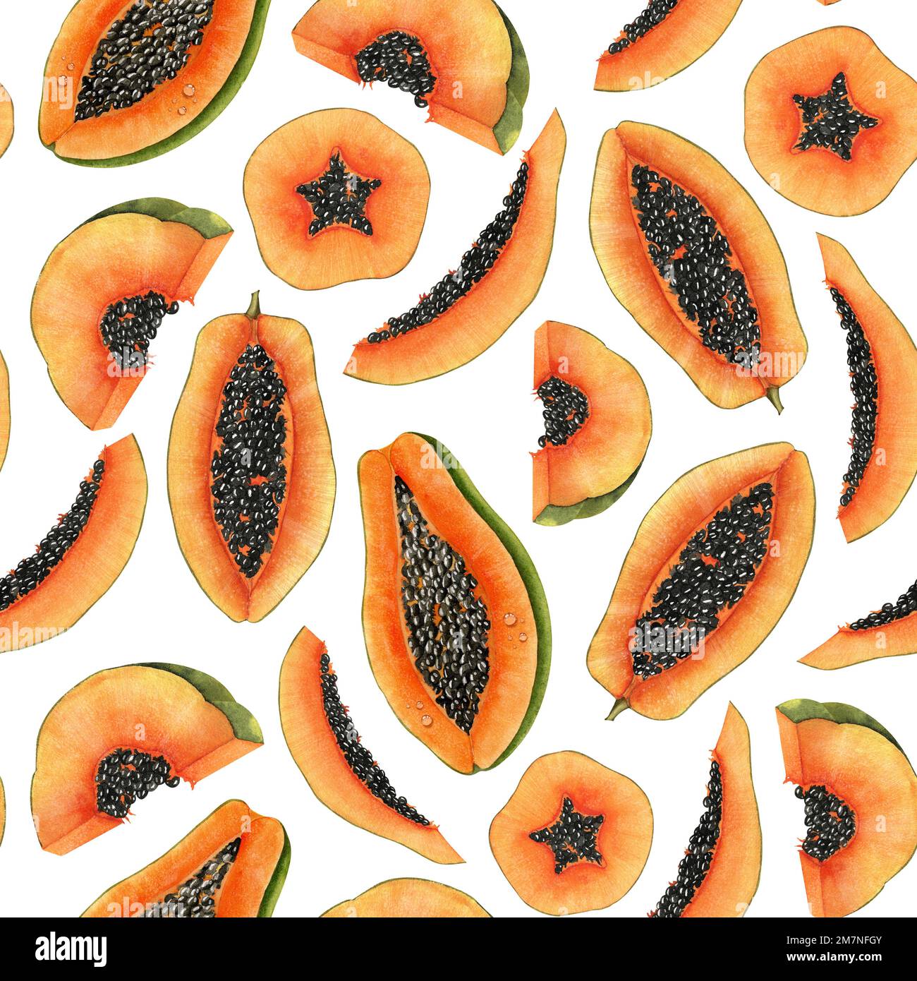 Motif sans couture avec tranches de papaye. Imprimé aquarelle dessiné à la main. Fruits exotiques tropicaux. Illustration sur fond isolé pour la conception textile ou l'étiquette de production alimentaire. Dessin en orange. Banque D'Images
