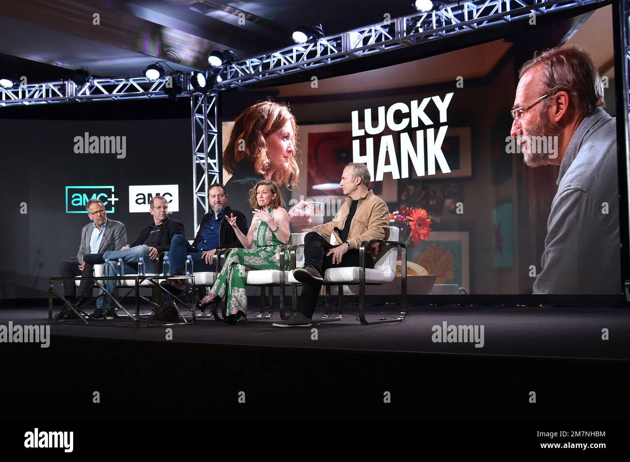 Mark Johnson, from left, Paul Lieberstein, Aaron Zelman, Mireille Enos, and  Bob Odenkirk participate in the "AMC "lucky Hank" panel during the Winter  Television Critics Association Press Tour, on Tuesday, Jan. 10,
