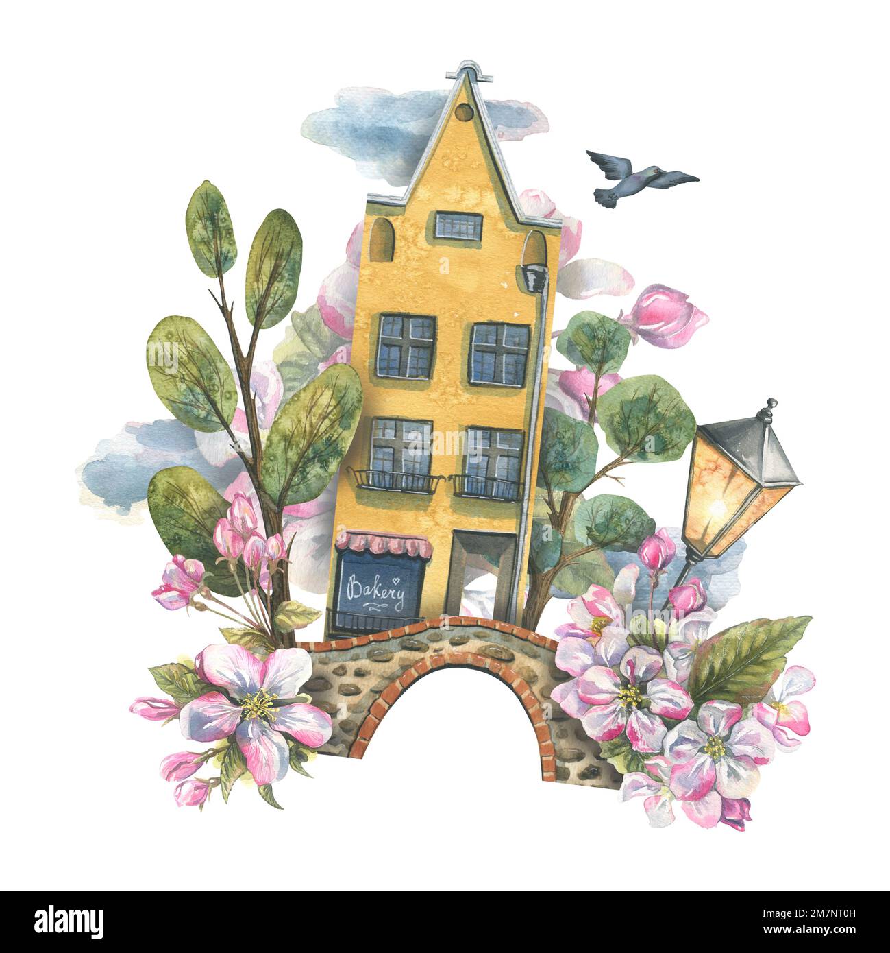 Une jolie maison jaune avec des arbres, un pont, une lanterne, un pigeon, des nuages et des pommiers en fleurs. Illustration aquarelle. Composition du ressort du Banque D'Images