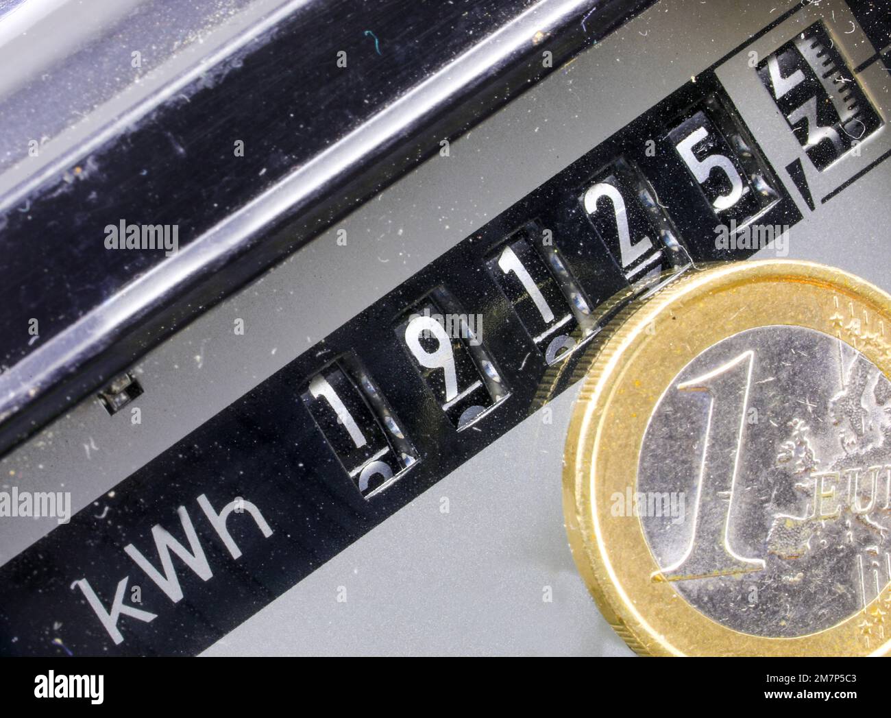 Compteur électrique ancien avec les nombres en kwh pour mesurer l'électricité consommée et les pièces en euros Banque D'Images