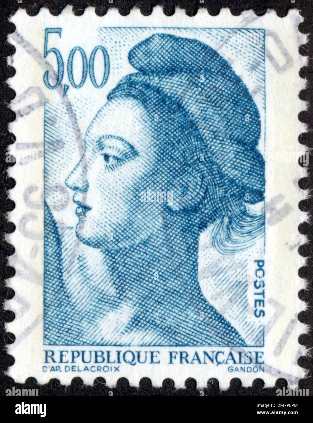 TIMBRE OBLITÉRÉ SABINE BLEU. POSTES. RÉPUBLIQUE FRANÇAISE. 5,00 Banque D'Images