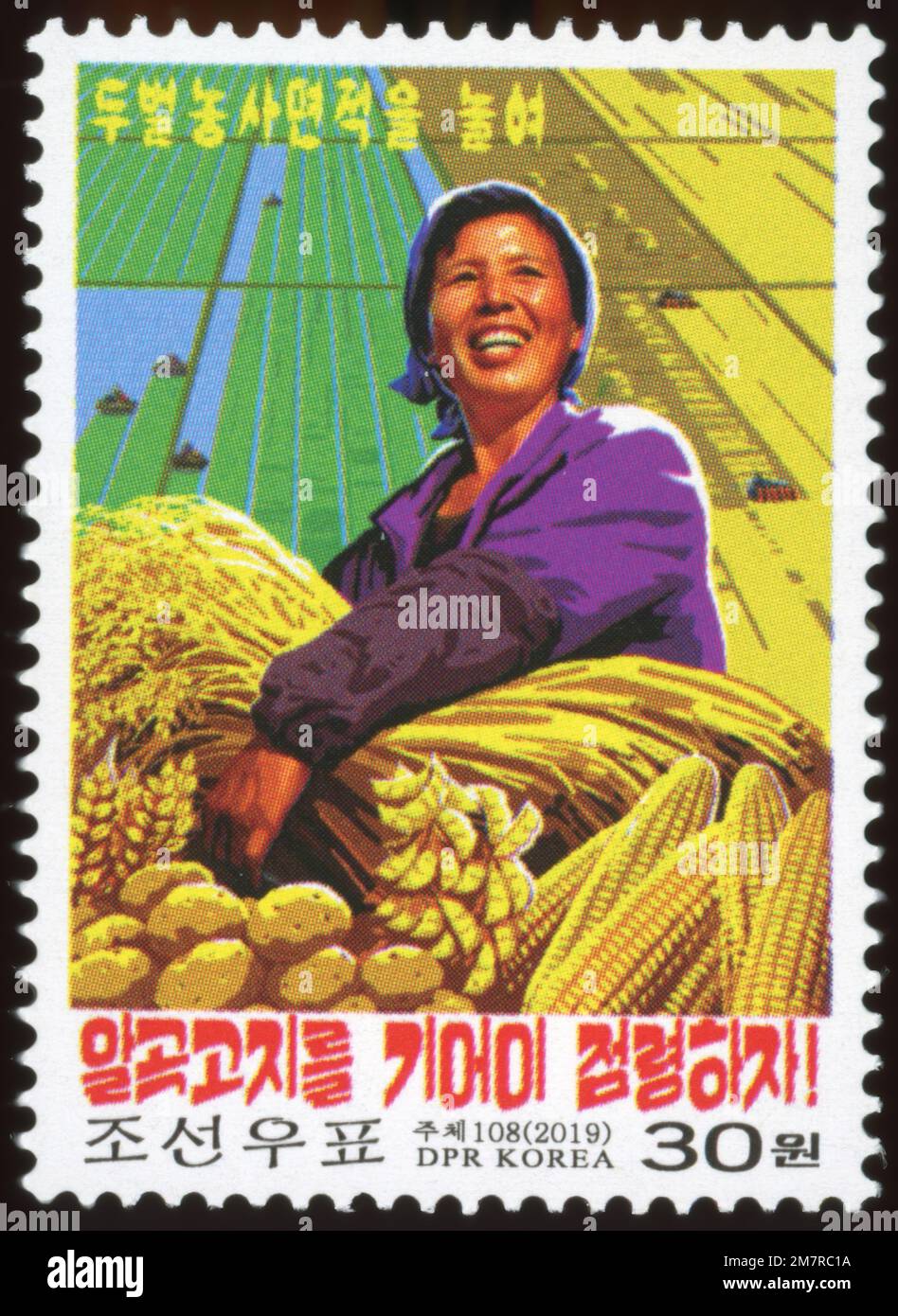 2019 jeu de timbres de la Corée du Nord. Œuvres des beaux-arts. Atteons l'objectif de production de grain sans échec en élargissant la superficie de la terre sous l'agriculture à deux cultures! Banque D'Images