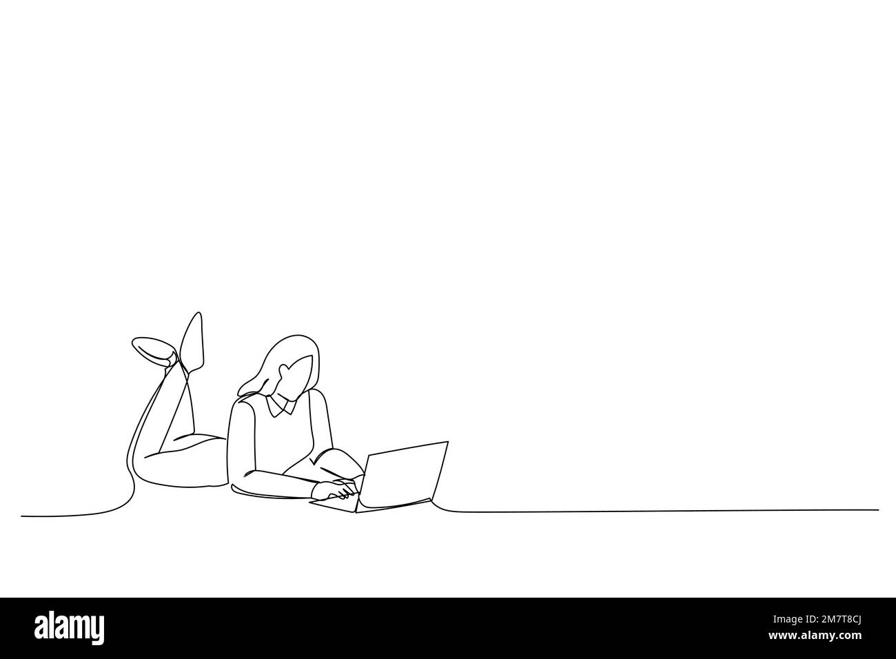 Dessin de femme couché plancher de travail ordinateur portable obtenir incroyable blogging notification Single Line art Illustration de Vecteur