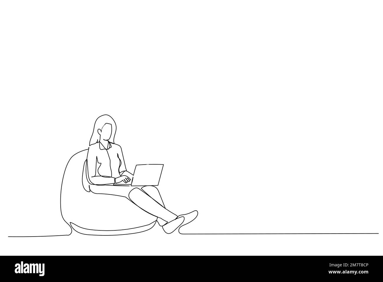 Dessin d'un employé de pdg assis bean chaise utiliser l'information de recherche d'ordinateur portable art ligne unique Illustration de Vecteur