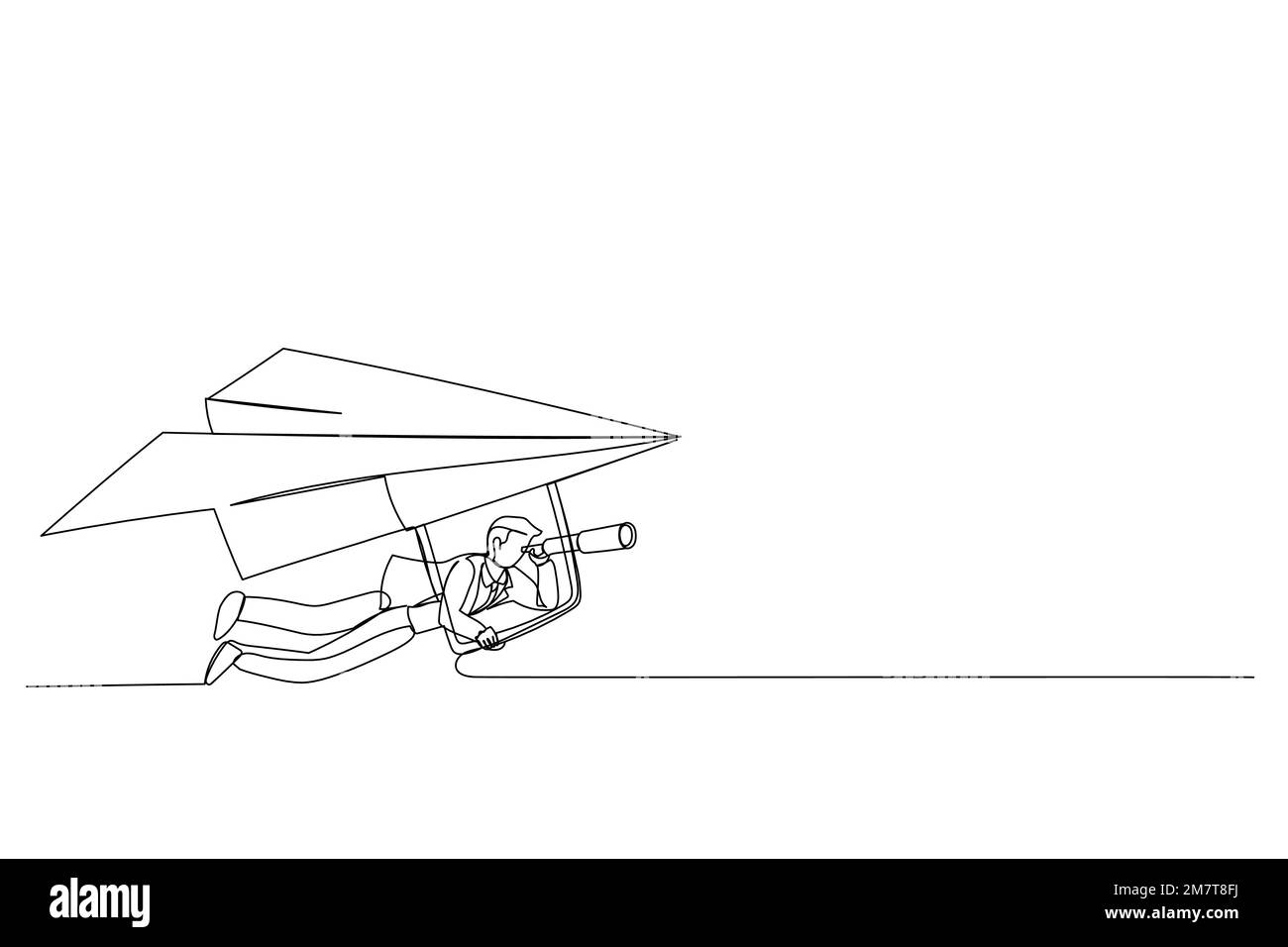 Dessin animé de l'homme d'affaires volant avion de papier origami comme planeur avec le télescope pour voir l'avenir. Prévisions futures ou découvrir de nouvelles idées et inspiration conc Illustration de Vecteur