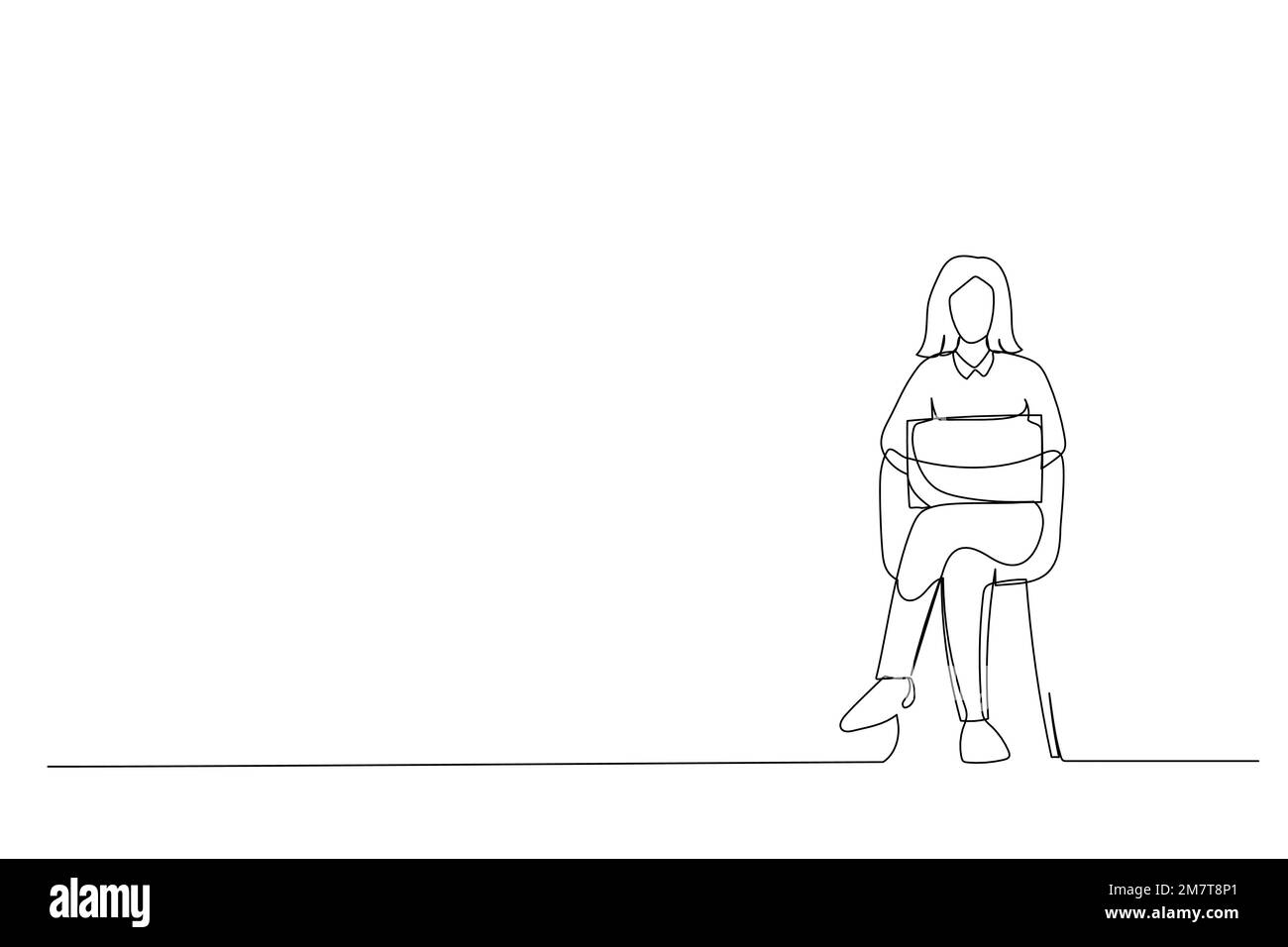 Dessin animé de la jeune femme heureuse travaillant en ligne, assis sur une chaise et utilisant un ordinateur portable ligne d'art continue Illustration de Vecteur
