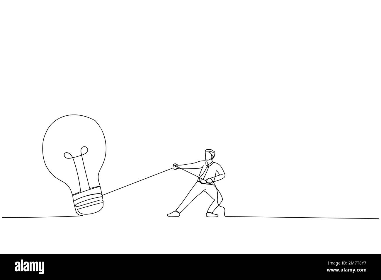 Le dessin animé d'un homme d'affaires travaille dur pour tirer une idée de grande ampoule. Concept d'innovation ou d'inspiration. Style de dessin au trait continu Illustration de Vecteur