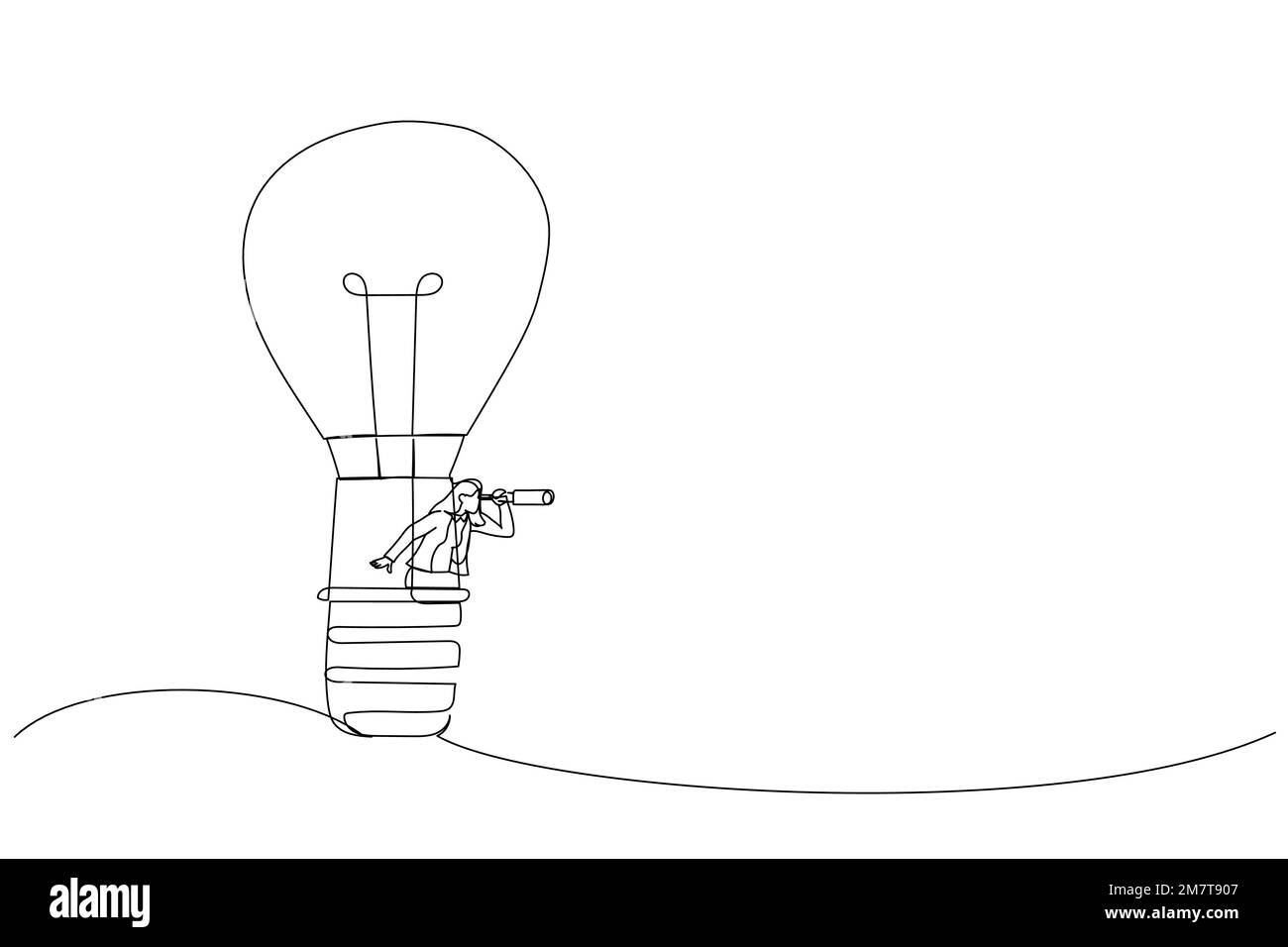Dessin d'une femme d'affaires à l'aide d'un ballon d'ampoule à l'aide d'un spyglass ou d'un télescope à la recherche d'une vision. Recherchez une nouvelle opportunité commerciale, un nouveau défi ou Illustration de Vecteur