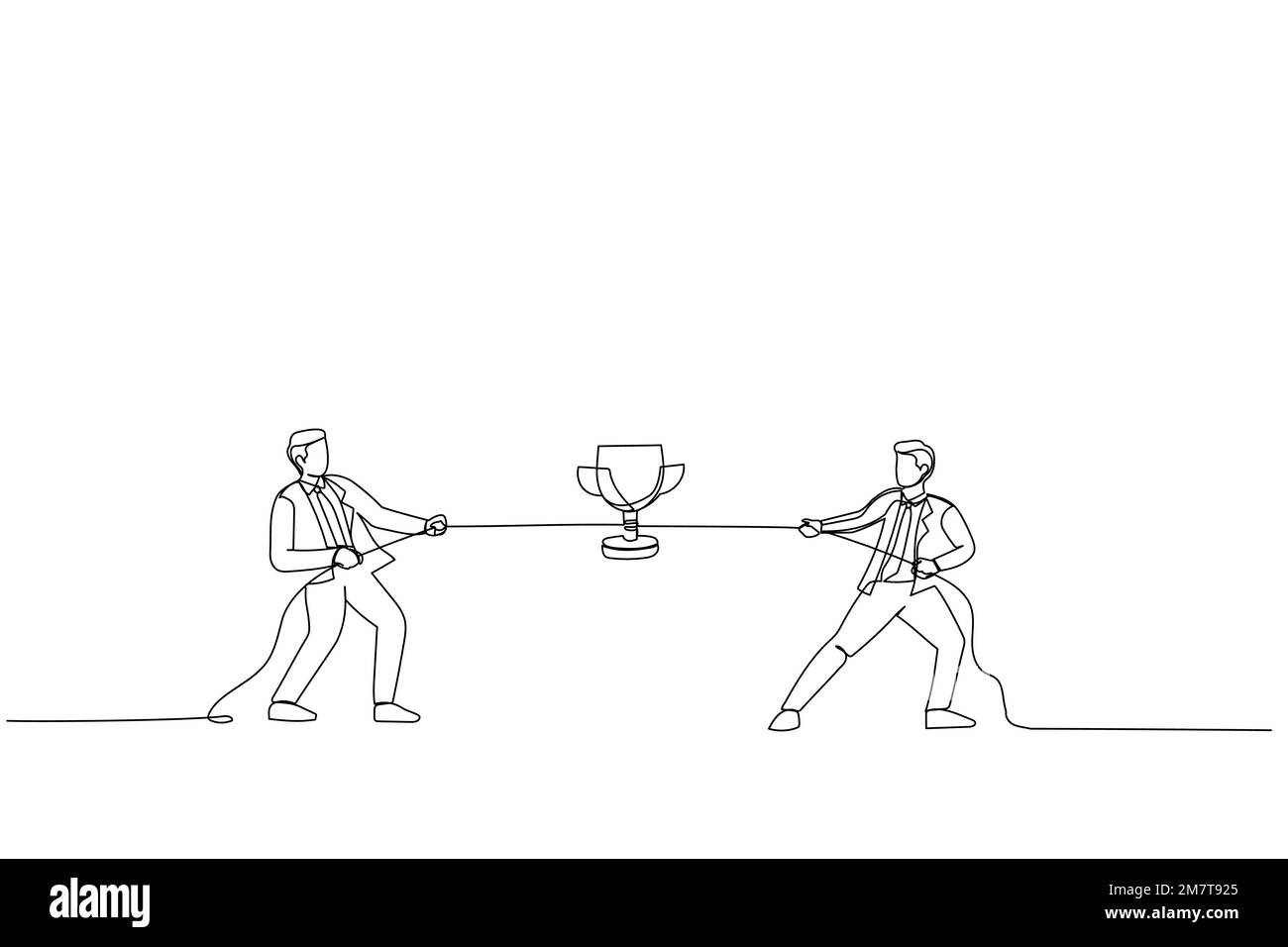 Caricature de rivaux tirant une corde, remorqueur de guerre, luttant pour le prix. Style de dessin au trait continu unique Illustration de Vecteur