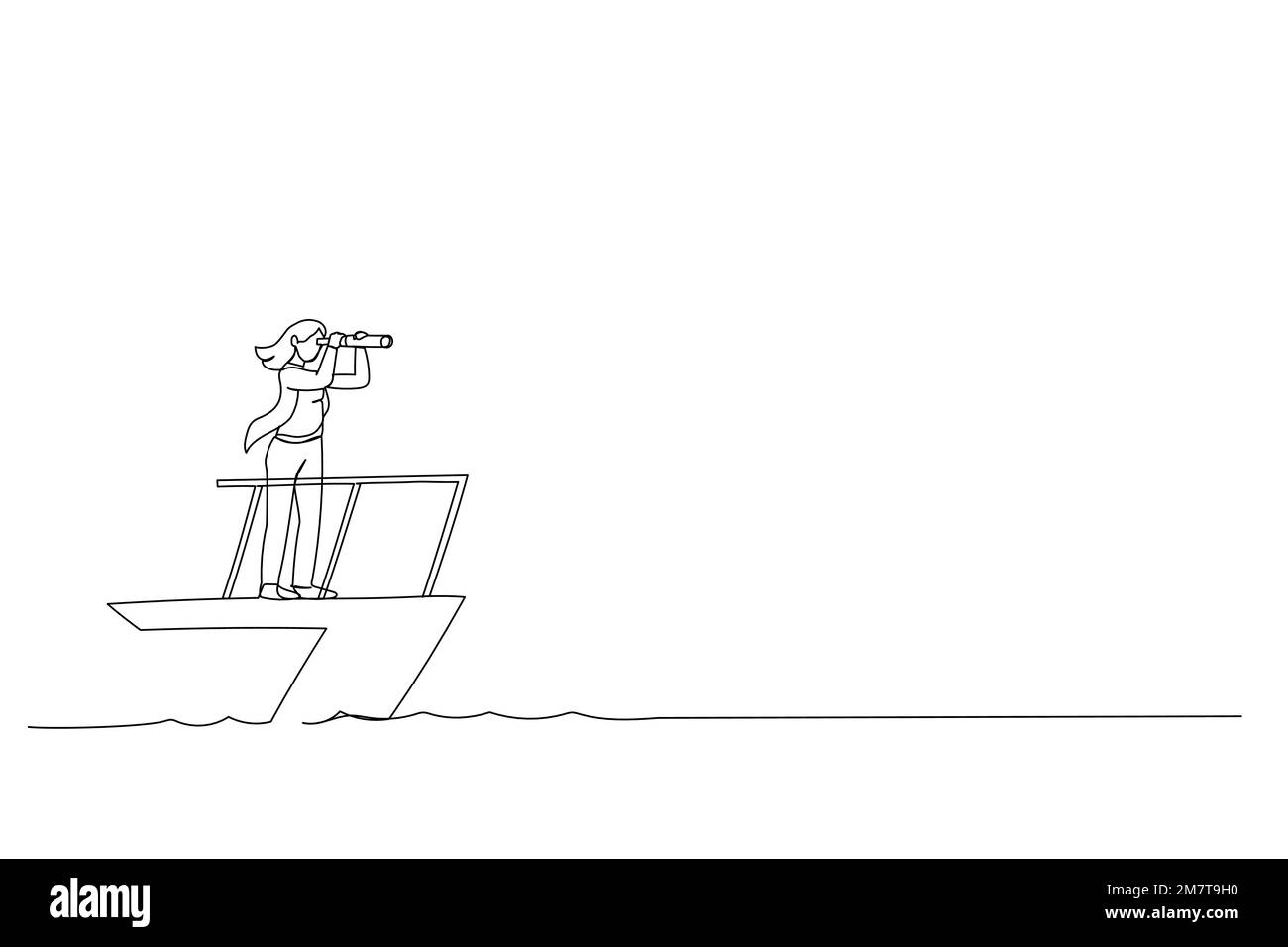 Dessin animé d'une femme d'affaires intelligente capitaine de bateau contrôle barre de volant avec vision télescopique. Leadership commercial et visionnaire pour diriger le succès de l'entreprise Illustration de Vecteur