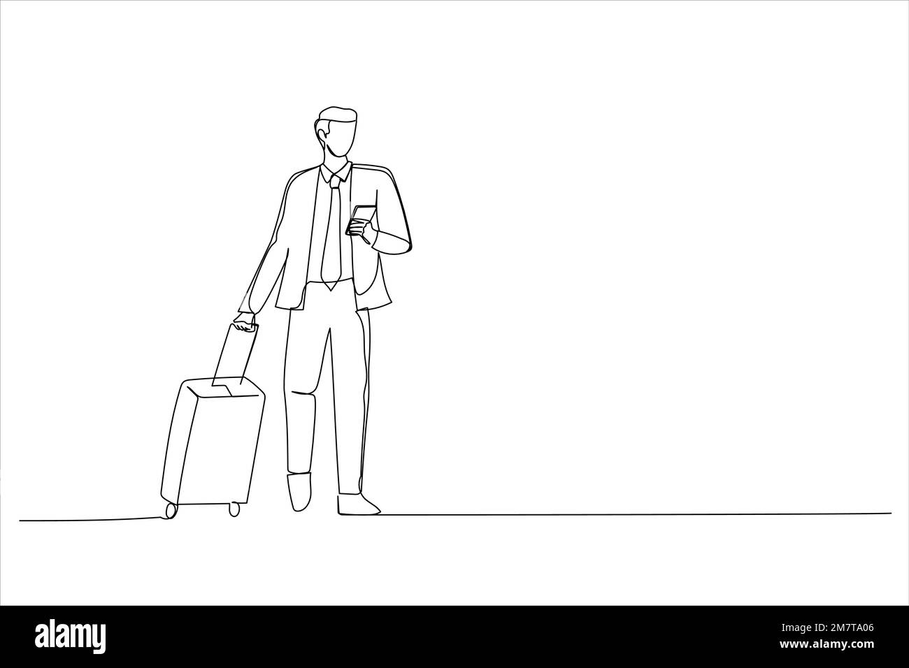 Illustration de Man Walking avec Suitcase dans AirPort et à l'aide d'un smartphone. Un style de dessin au trait continu Illustration de Vecteur