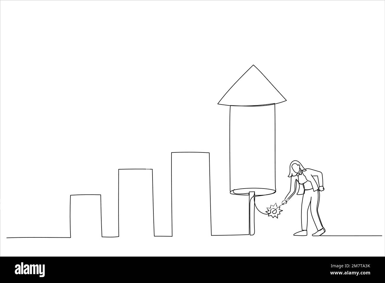 Dessin animé d'une femme d'affaires intelligente enflamme le graphique à barres de fusées de feu pour augmenter la croissance de l'entreprise. Développez votre entreprise, dynamisez vos bénéfices d'investissement. Simple contact Illustration de Vecteur