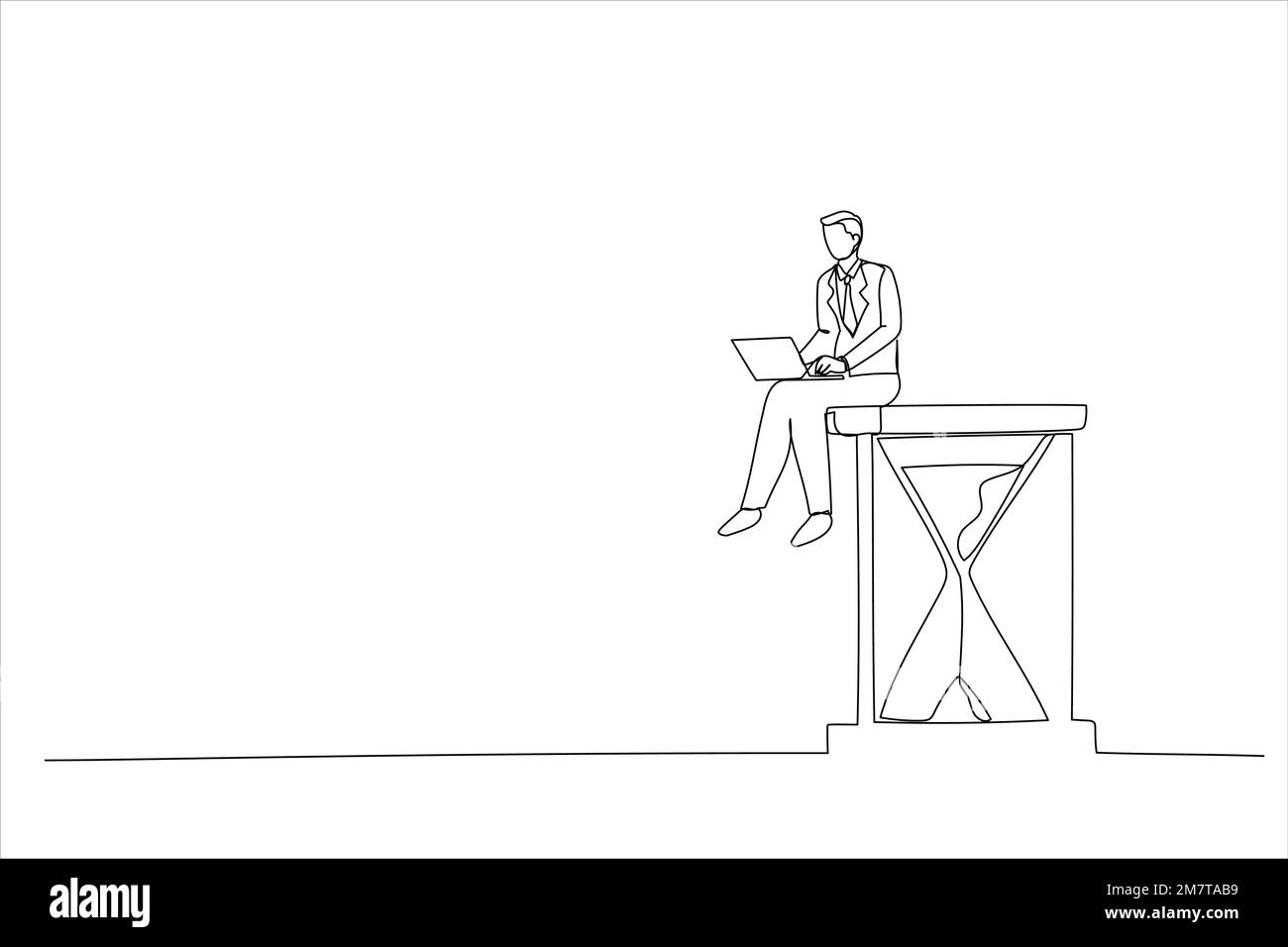 Illustration de l'homme d'affaires assis sur le sablier avec les jambes d'ordinateur portable croisées. Concept de gestion du temps et de procrastination. Un art de style ligne Illustration de Vecteur