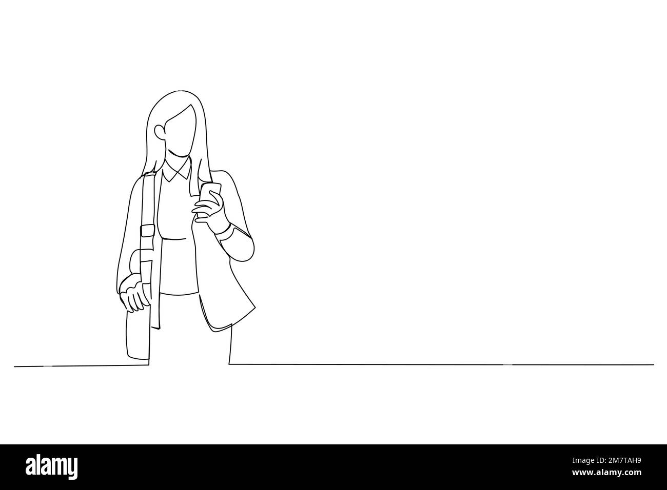 Dessin animé d'une jeune femme d'affaires regardant des messages sur un téléphone portable tout en marchant dans la rue dans le centre-ville. Style de dessin au trait continu Illustration de Vecteur