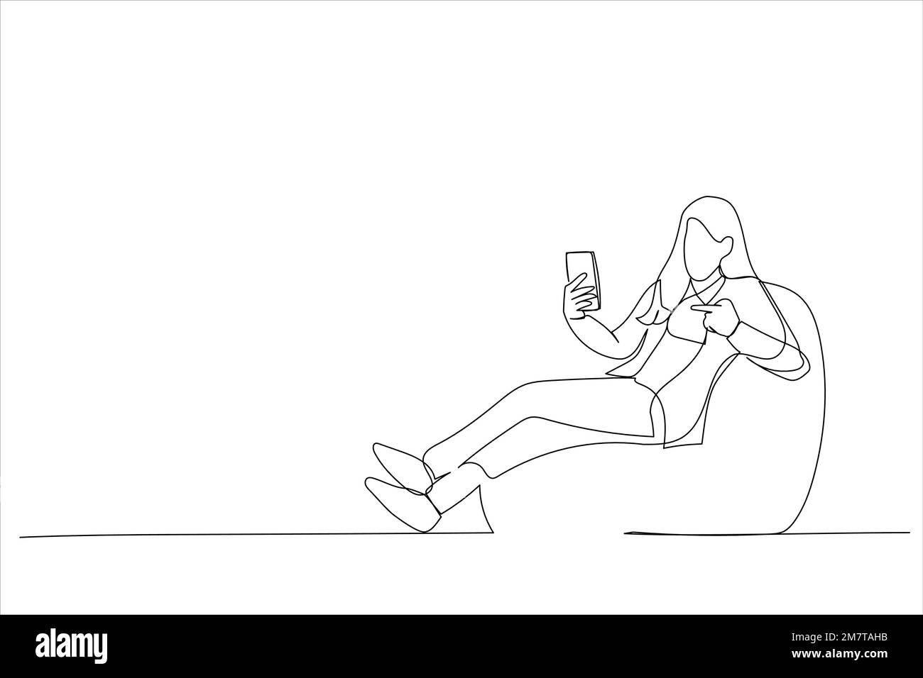 Illustration d'une jeune femme d'affaires assis dans un sac chaise tenir utiliser l'index pointant sur le téléphone portable. Un style d'art sur une ligne Illustration de Vecteur