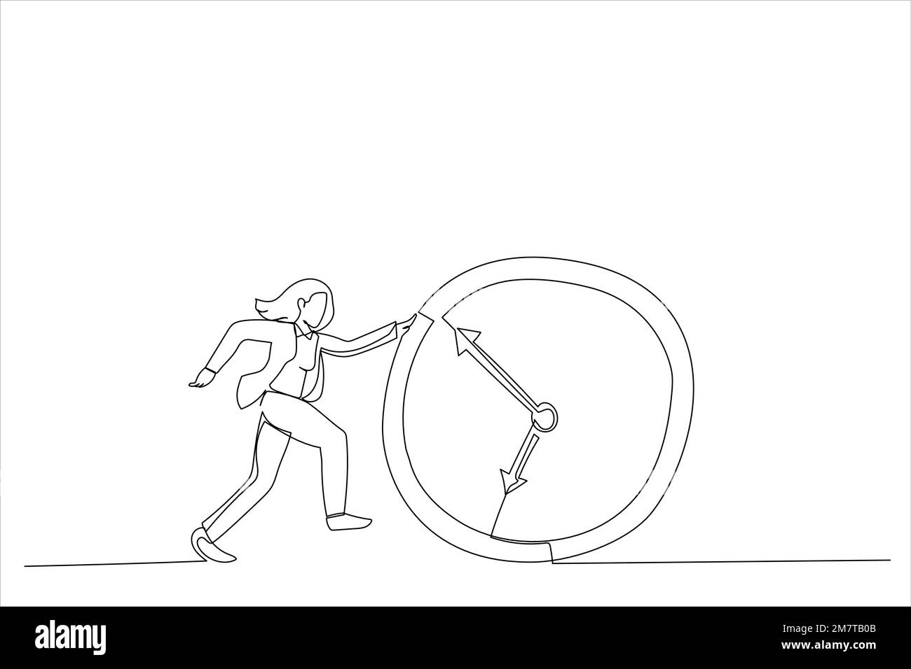 Illustration de la femme d'affaires qui court derrière l'horloge de course. Un style de dessin au trait continu Illustration de Vecteur