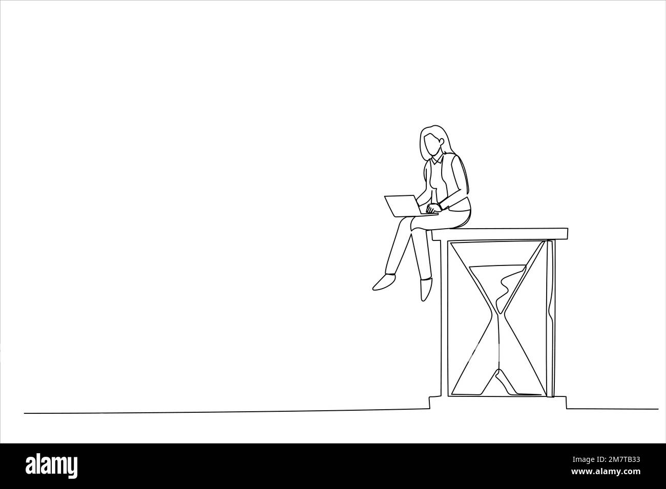 Illustration d'une femme d'affaires assise sur le sablier avec les jambes de l'ordinateur portable croisées. Concept de gestion du temps et de procrastination. Un art de style ligne Illustration de Vecteur