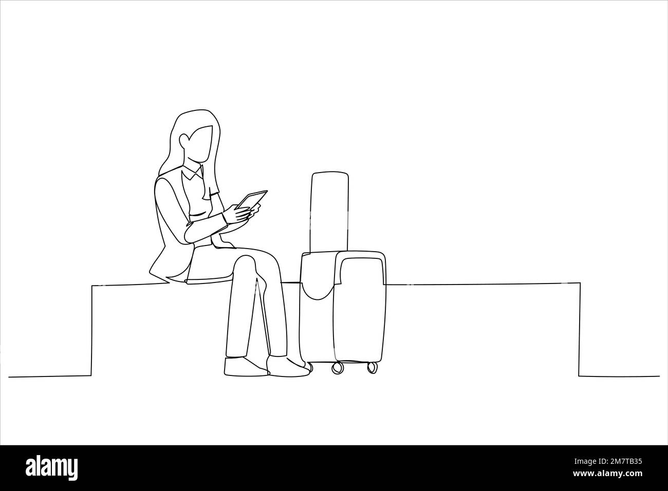 Dessin d'une jeune femme attendant et utilisant un téléphone portable à l'aéroport. Style art sur une seule ligne Illustration de Vecteur