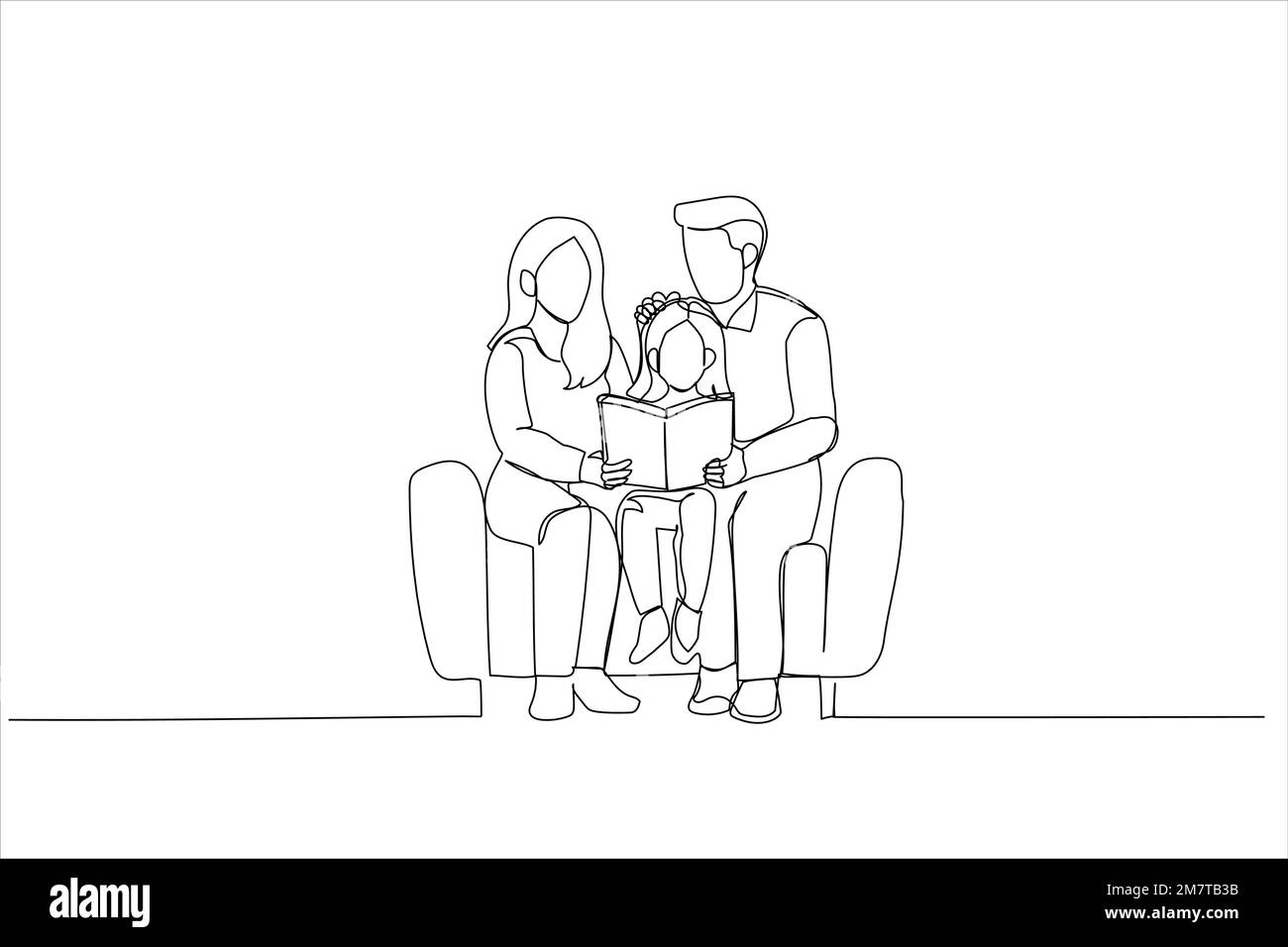 Illustration d'un livre de lecture de famille ensemble. Un style de dessin au trait continu Illustration de Vecteur