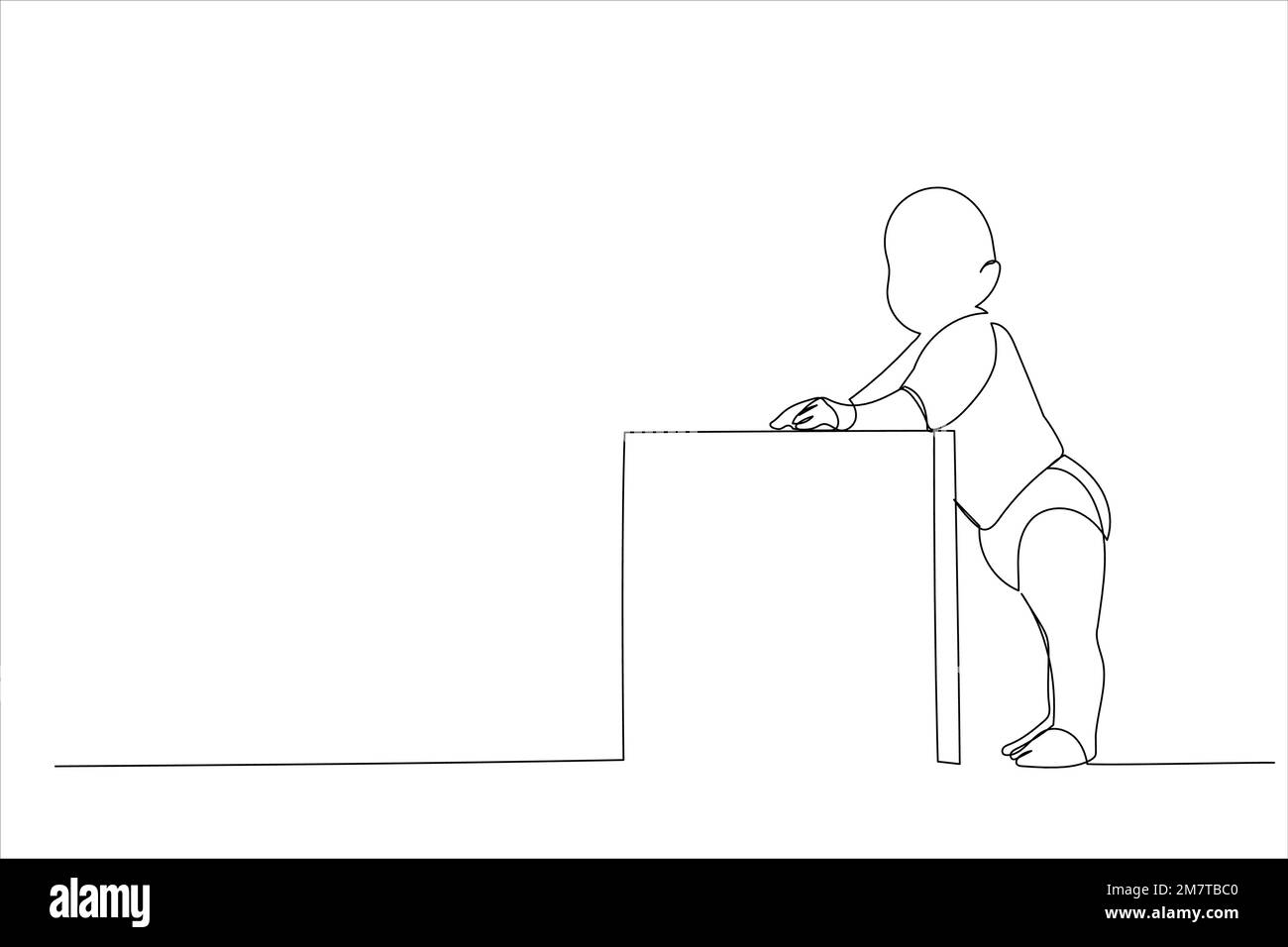 Dessin animé de bébé garçon en costume blanc se penche sur un cube blanc. Style de dessin au trait continu Illustration de Vecteur