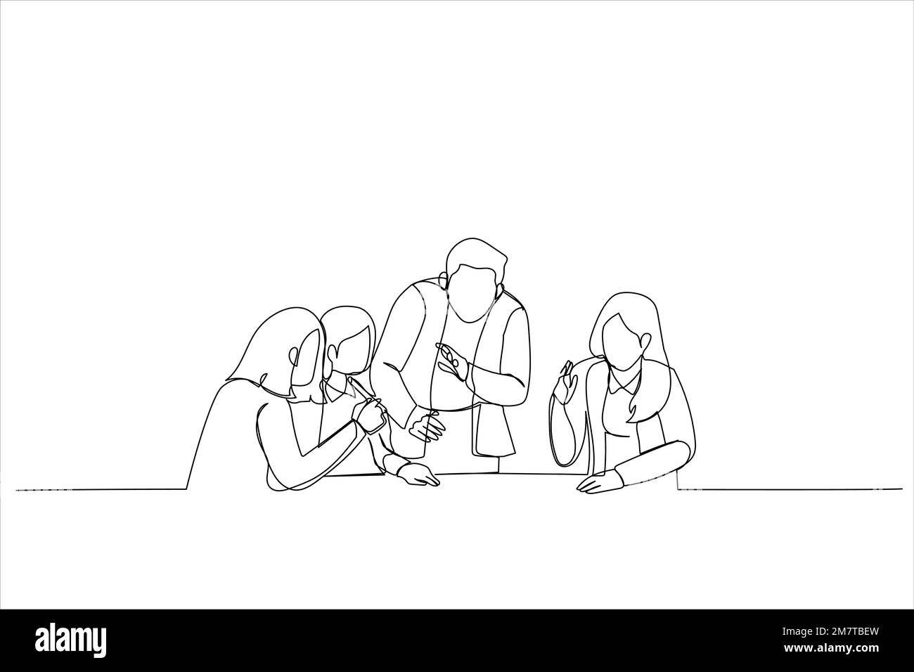 Caricature du travail de patron coopérer avec diverses équipes au briefing du bureau. Style de dessin au trait continu unique Illustration de Vecteur