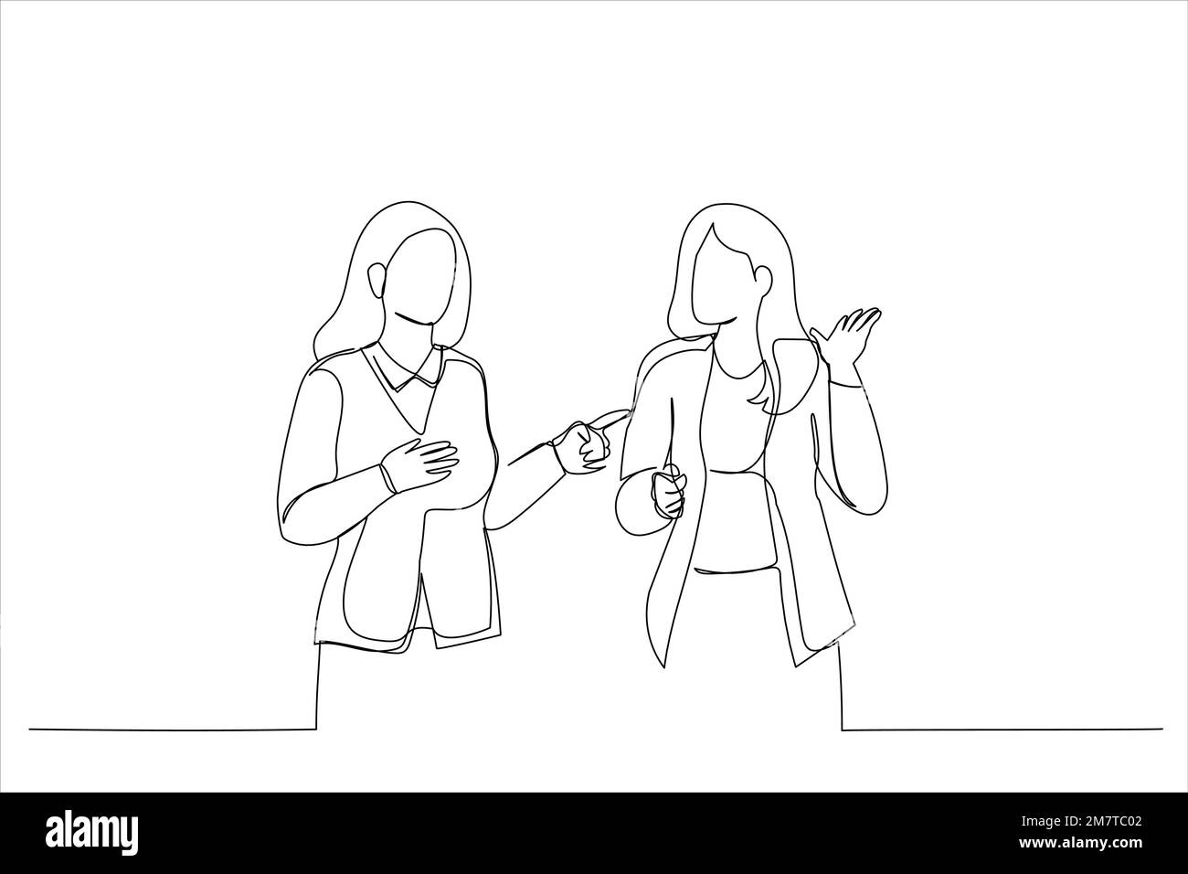 Dessin de deux collègues féminins sérieux et divers parler de l'équipe dans un bureau moderne. Illustration de ligne continue unique Illustration de Vecteur