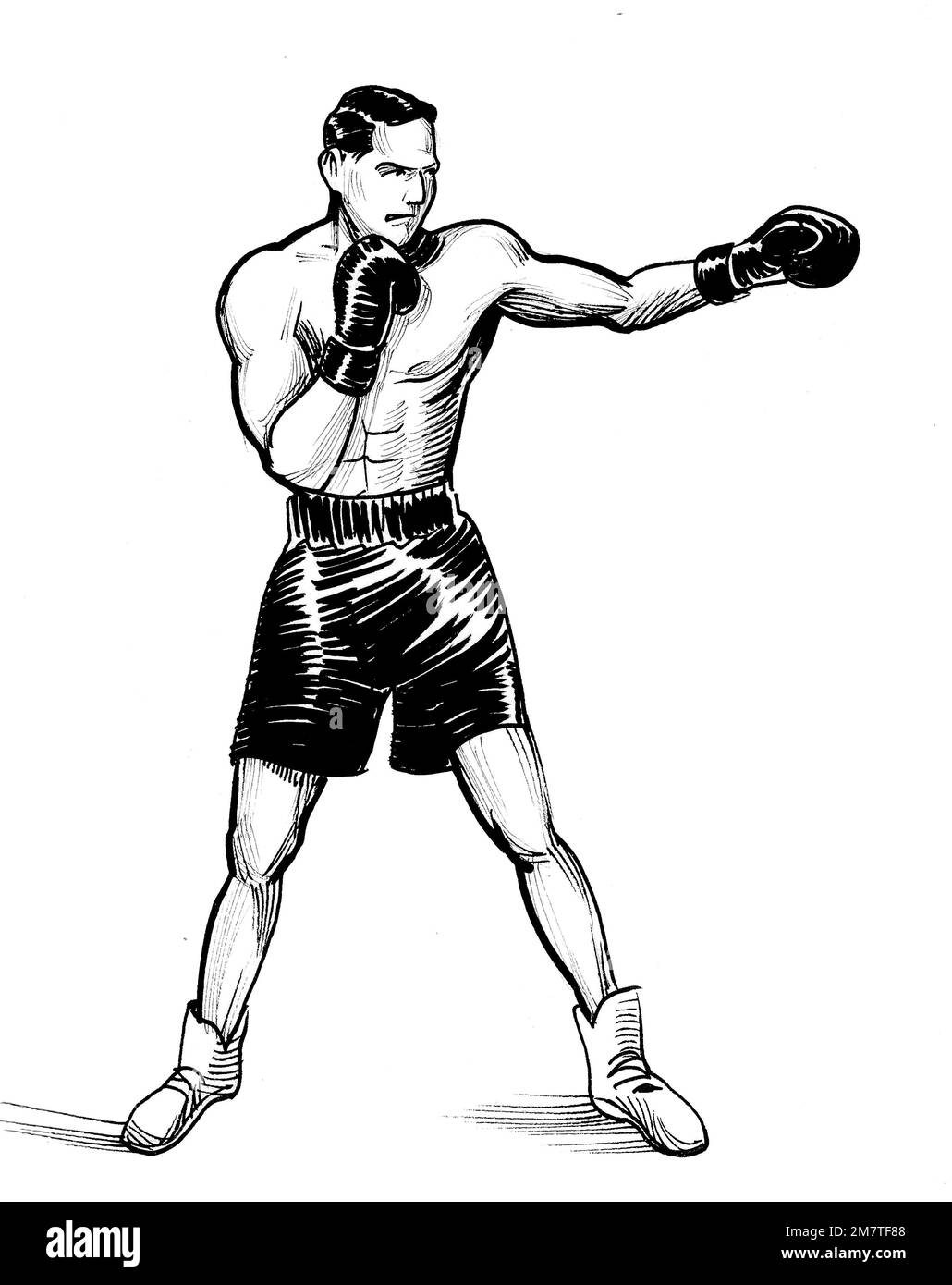 L'athlète de boxe. Dessin noir et blanc Encre Banque D'Images