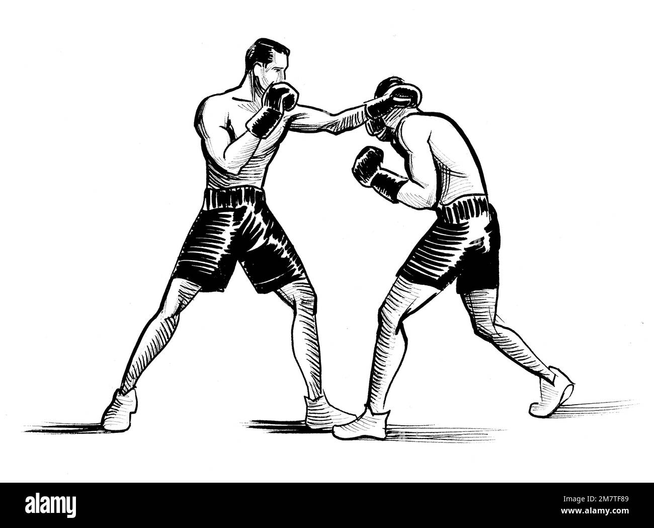 Les athlètes de boxe. Dessin noir et blanc Banque D'Images