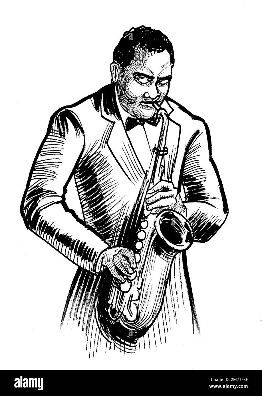 Musicien afro-américain jouant du saxophone. dessin noir et blanc Banque D'Images