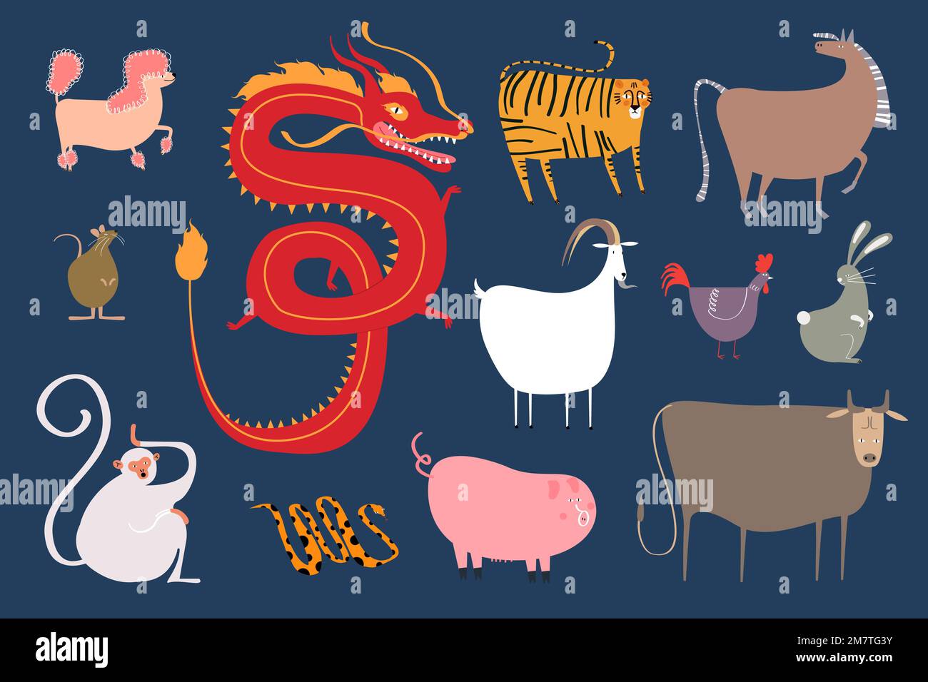 Ensemble d'autocollants chinois pour animaux du zodiaque sur fond bleu Illustration de Vecteur