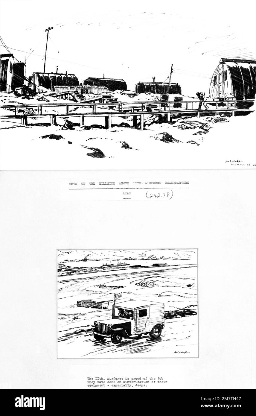 Œuvres d'art: 'Huttes sur le Hillside au-dessus du quartier général de la Force aérienne de 11th,' et 'la Force aérienne de 11th est fière du travail qu'ils ont fait sur l'hivernage de leur équipement, en particulier les jeeps, Adak, Alaska. Artiste : inconnu. Pays : inconnu Banque D'Images Œuvres d'art: 'Huttes sur le Hillside au-dessus du quartier général de la Force aérienne de 11th,' et 'la Force aérienne de 11th est fière du travail qu'ils ont fait sur l'hivernage de leur équipement, en particulier les jeeps, Adak, Alaska. Artiste : inconnu. Pays : inconnu Banque D'Images