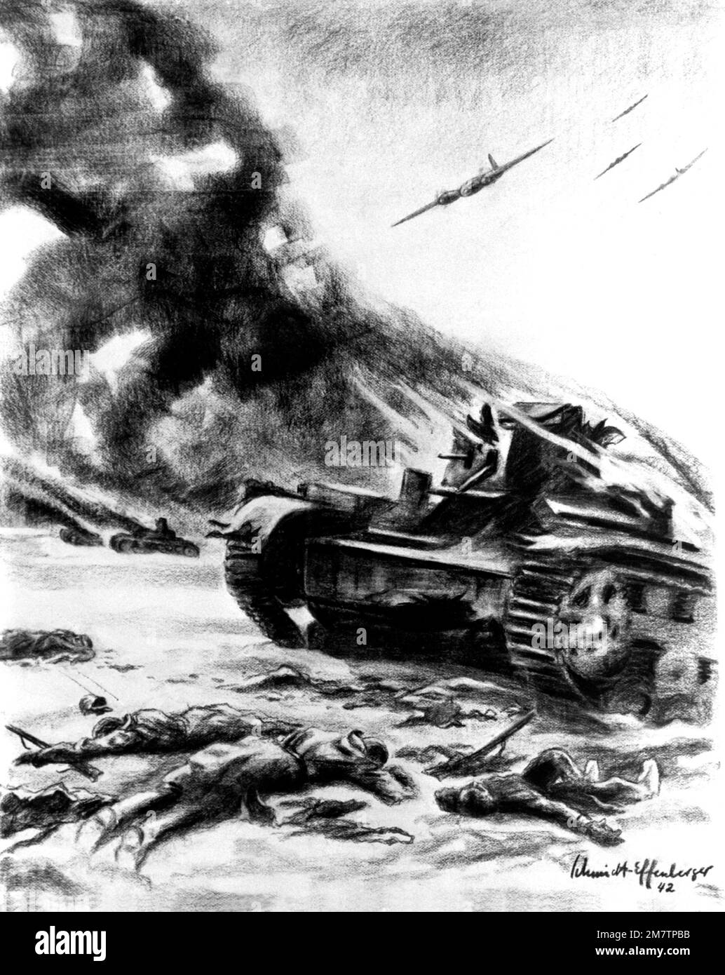 Œuvres d'art: "Les chars russes sous l'attaque aérienne allemande" artiste: Schmidt-Effenberger. Pays : inconnu Banque D'Images