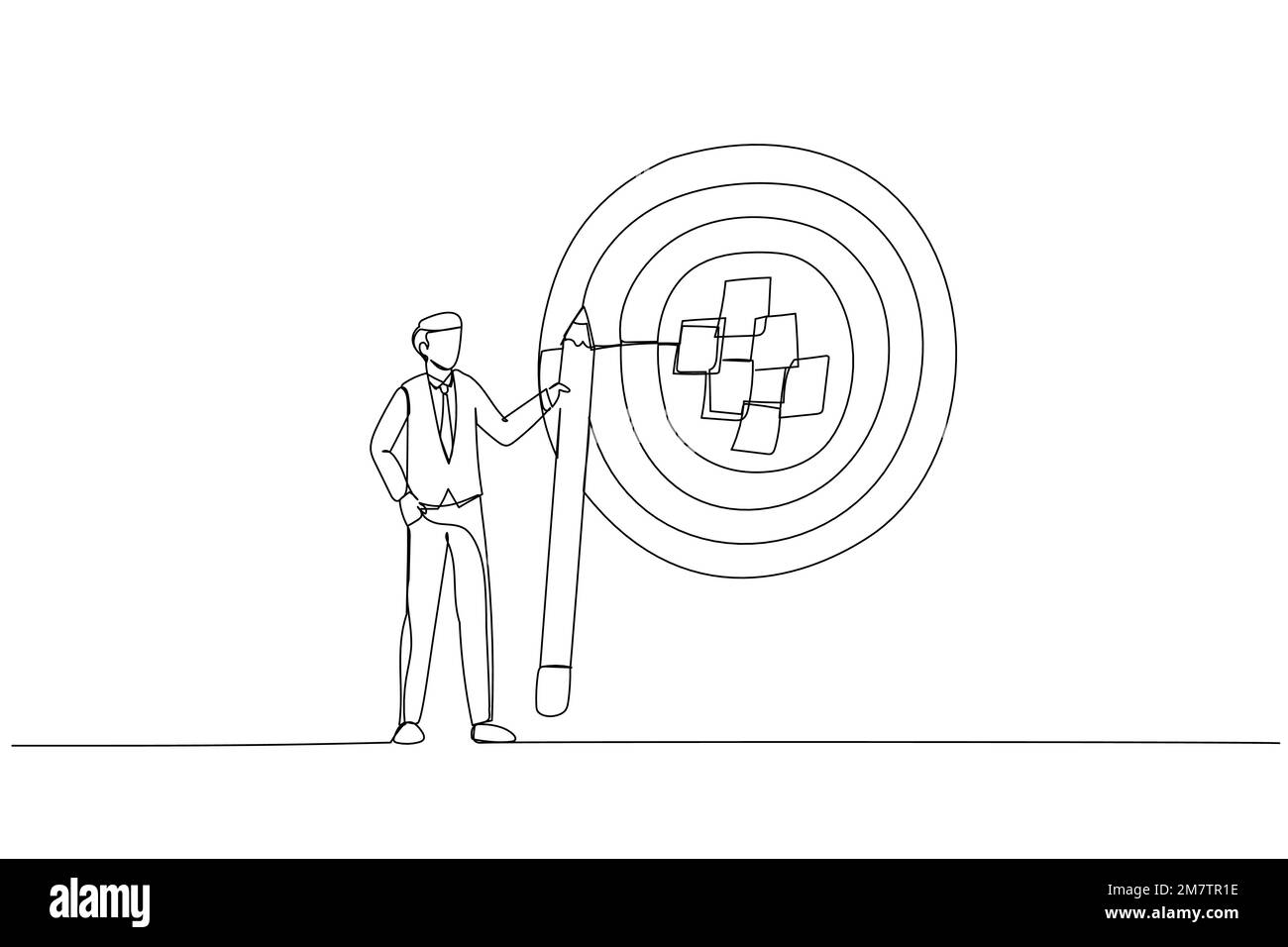 Dessin d'homme d'affaires écrire le but sur les notes et mettre sur grand dartboard cible. Métaphore pour l'établissement d'objectifs, d'objectifs réalisables ou d'objectifs objectifs objectifs objectifs objectifs définis. Illustration de Vecteur