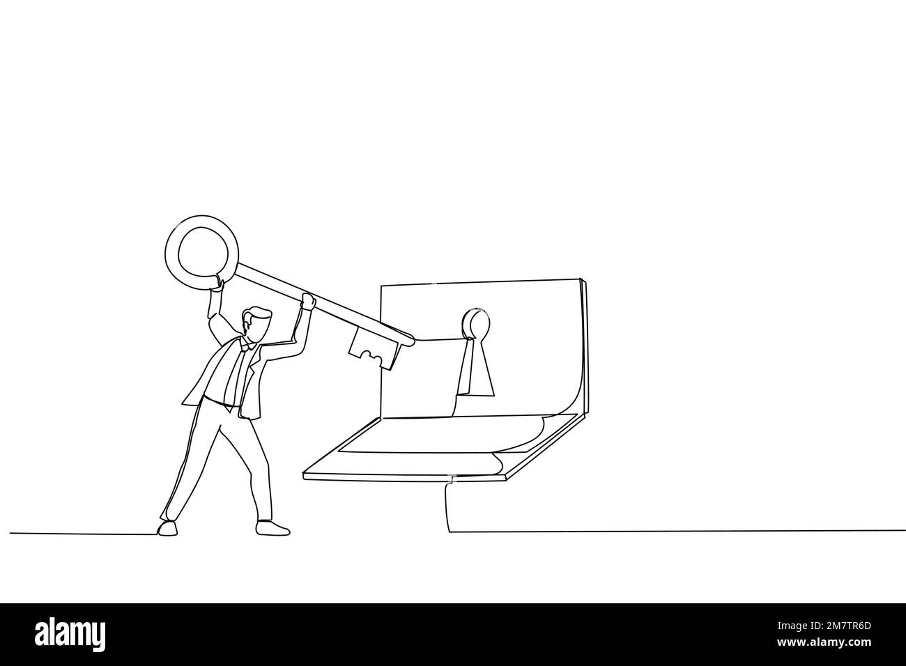 Dessin d'homme d'affaires tenir les clés et ordinateur portable avec la clé de protection. Métaphore de la sécurité des données en ligne. Style art sur une seule ligne Illustration de Vecteur