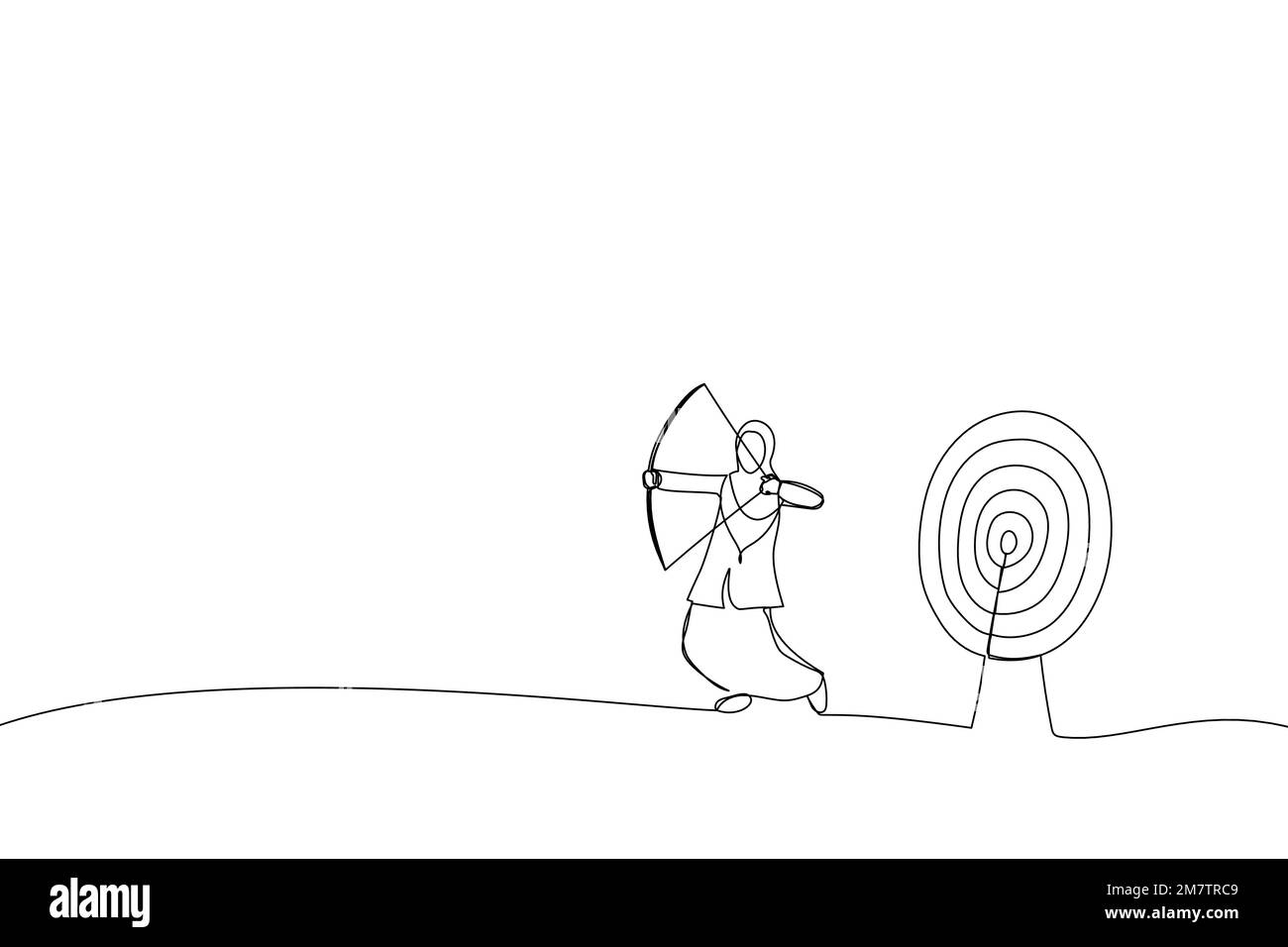 Illustration d'une femme d'affaires musulmane aveuglée recherche la cible dans la mauvaise direction. Un style de dessin au trait continu Illustration de Vecteur