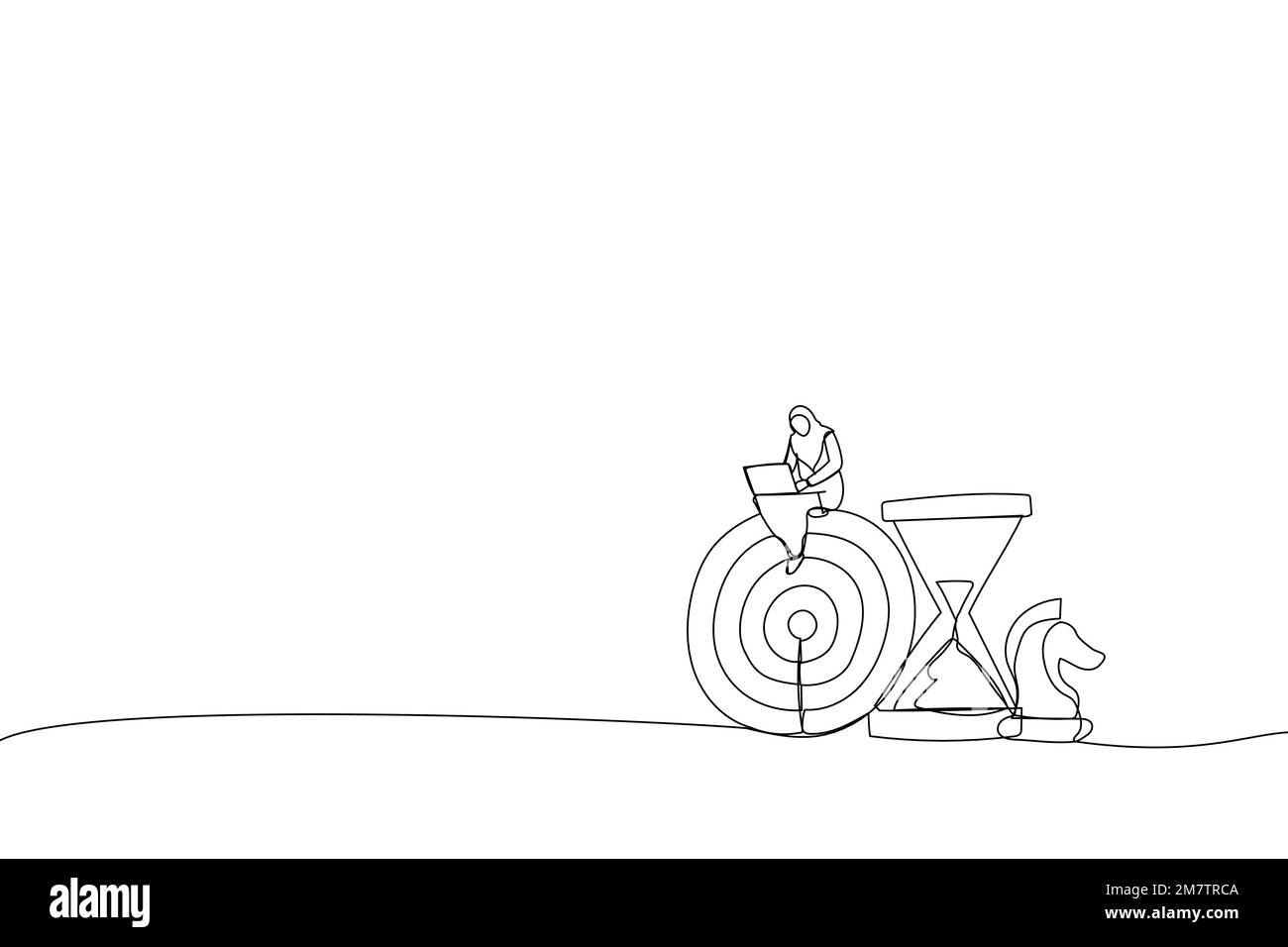 Dessin d'une femme d'affaires musulmane intelligente travaillant avec l'ordinateur assis sur la cible avec le chevalier d'échecs et le verre de sable. Métaphore de la stratégie d'affaires, de la planification à Illustration de Vecteur