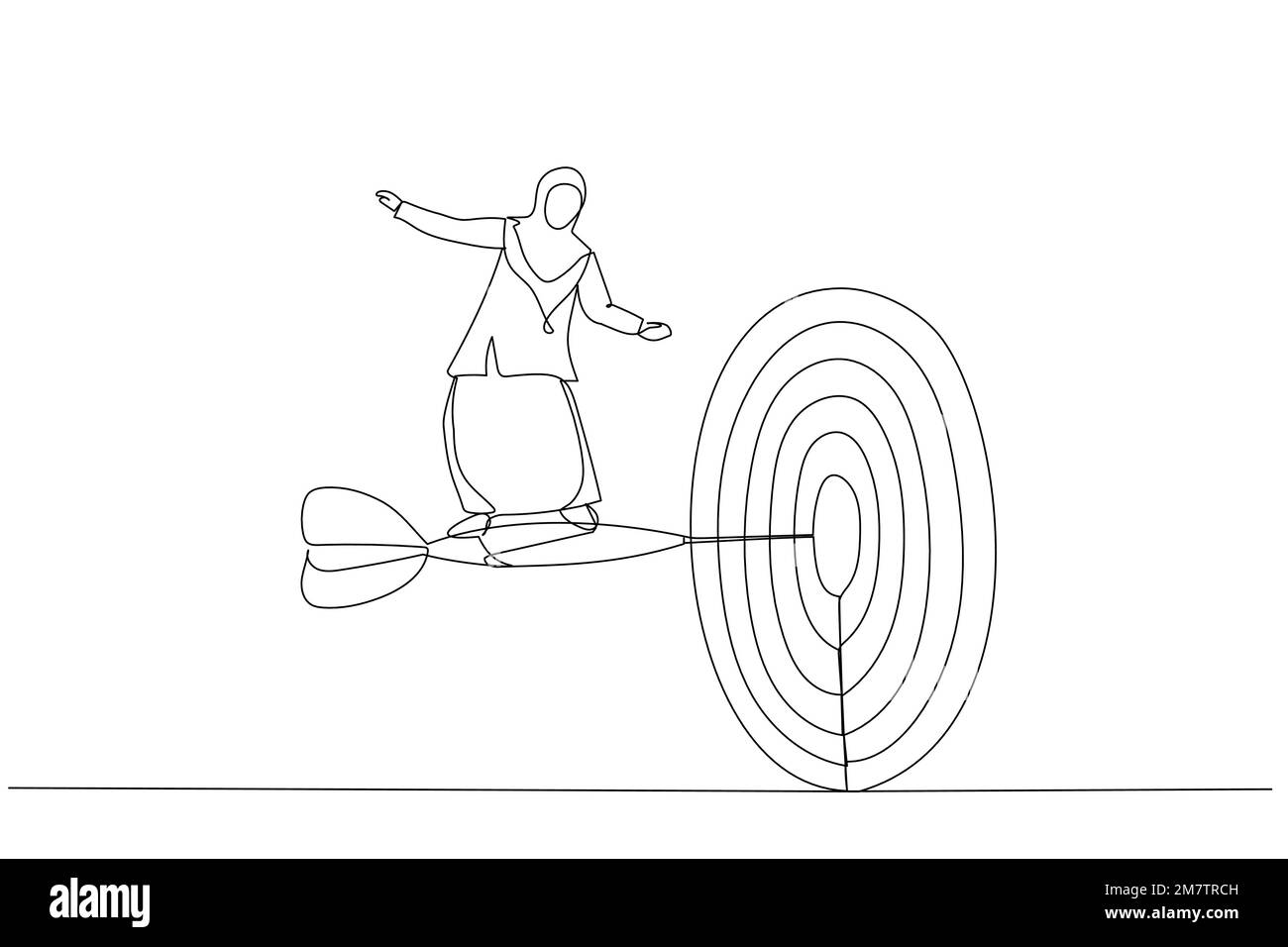 Dessin animé d'une femme d'affaires avec porte-documents debout sur des fléchettes pour atteindre l'objectif d'affaires. Métaphore de la solution, de la réussite, de la mission et de la direction. Simple Illustration de Vecteur