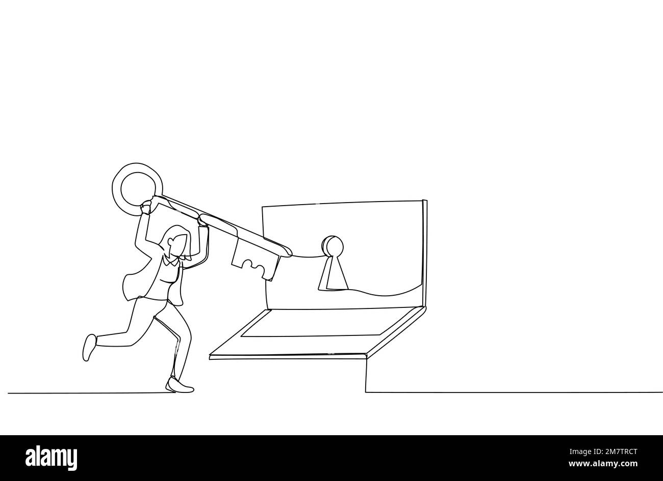 Dessin d'une femme d'affaires tient les clés et ordinateur portable avec la clé de protection. Métaphore de la sécurité des données en ligne. Style art sur une seule ligne Illustration de Vecteur