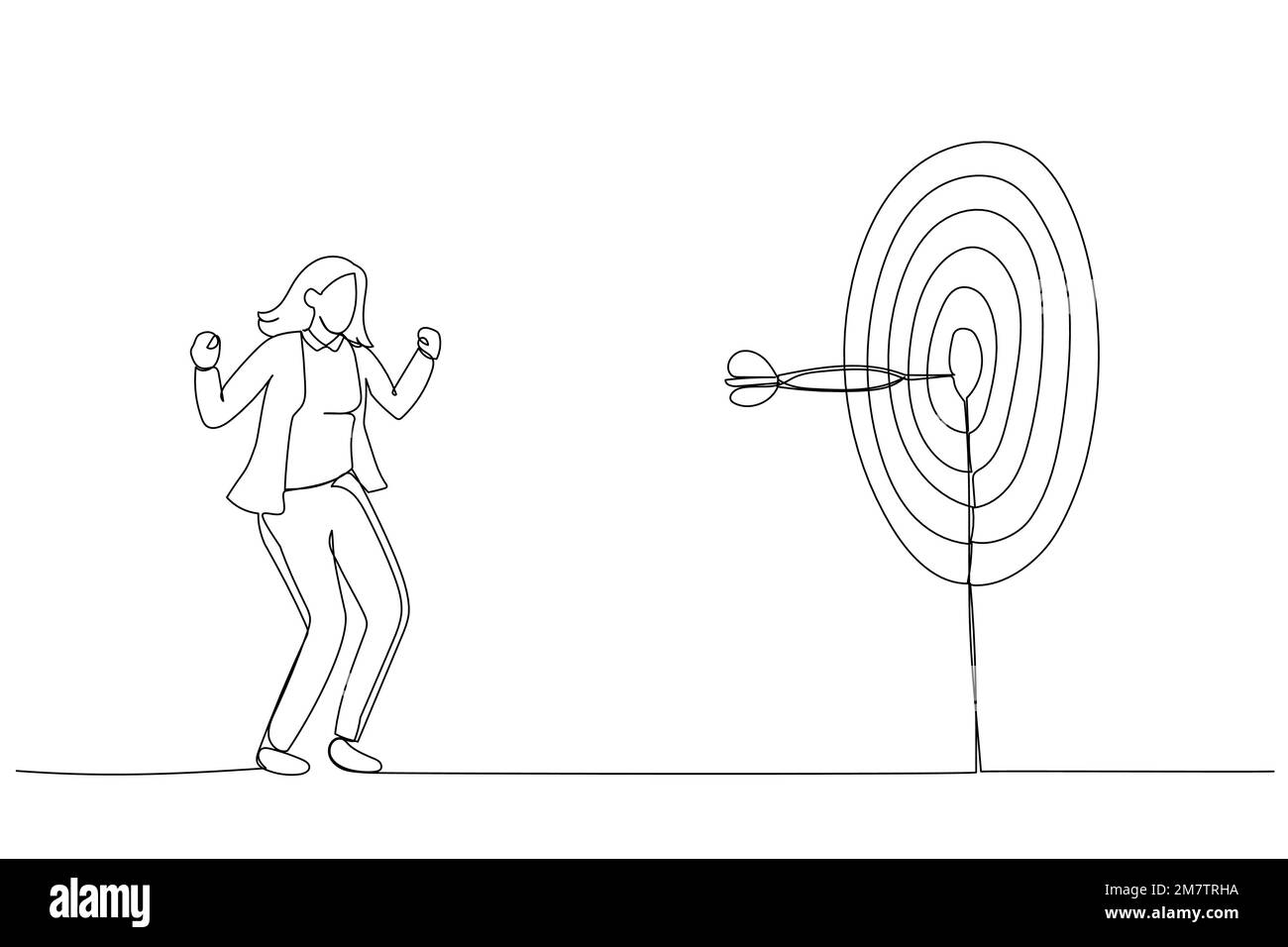 Illustration d'une femme d'affaires qui touche le centre de la cible. Concept pour l'idée d'entreprise. Style art sur une seule ligne Illustration de Vecteur