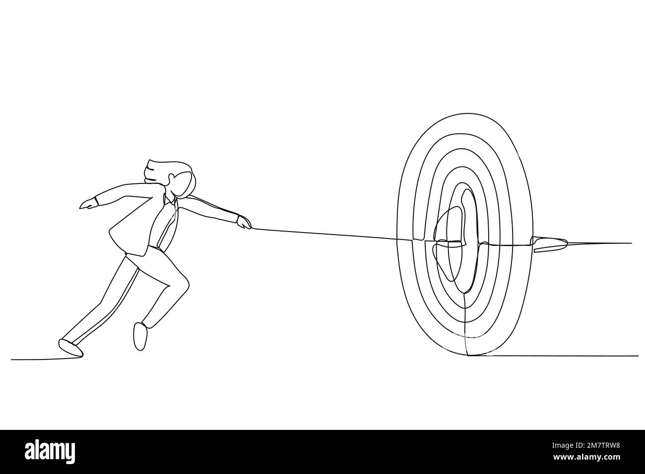 Dessin d'une femme d'affaires court et lance une lance à une cible. Métaphore pour le but, l'exactitude et la compétence. Style de dessin au trait continu unique Illustration de Vecteur