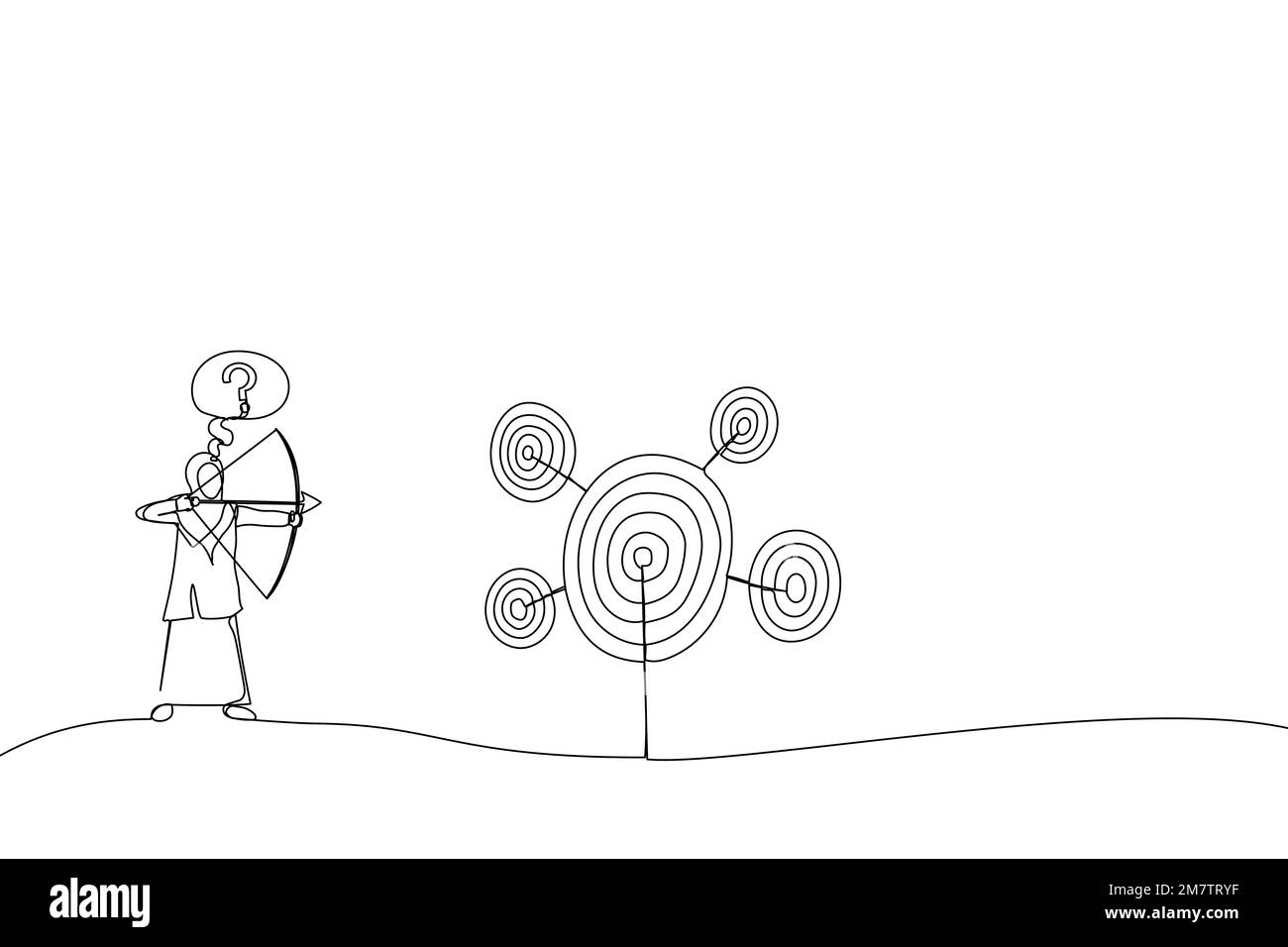 Illustration d'une femme d'affaires musulmane avec arc et flèche regarde plusieurs cibles et ne peut pas décider à quelle cible tirer. Métaphore du multitaskin Illustration de Vecteur