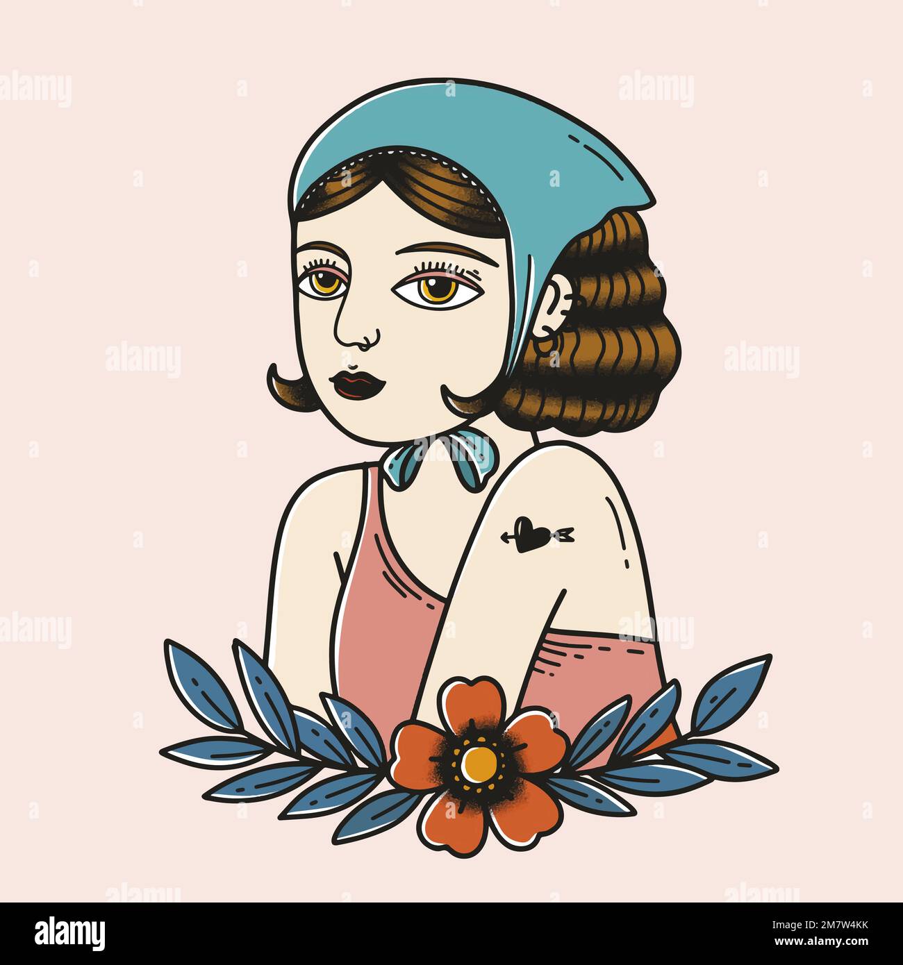 Motif vectoriel tatouage fille rétro coloré avec fond pastel Illustration de Vecteur