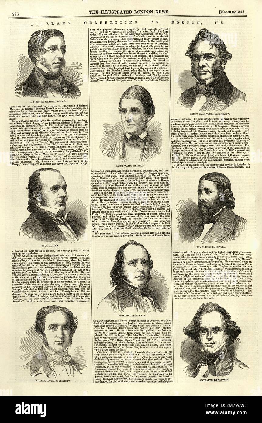 Illustration vintage célébrités littéraires de Boston USA, Oliver Wendell Holmes, Ralph Waldo Emerson, Henry Wadsworth Longfellow, Louis Agassiz, James Russell Lowell, William Hickling Prescott, Richard Henry Dana, Nathaniel Hawthorne, 1850s, 19th siècle Banque D'Images