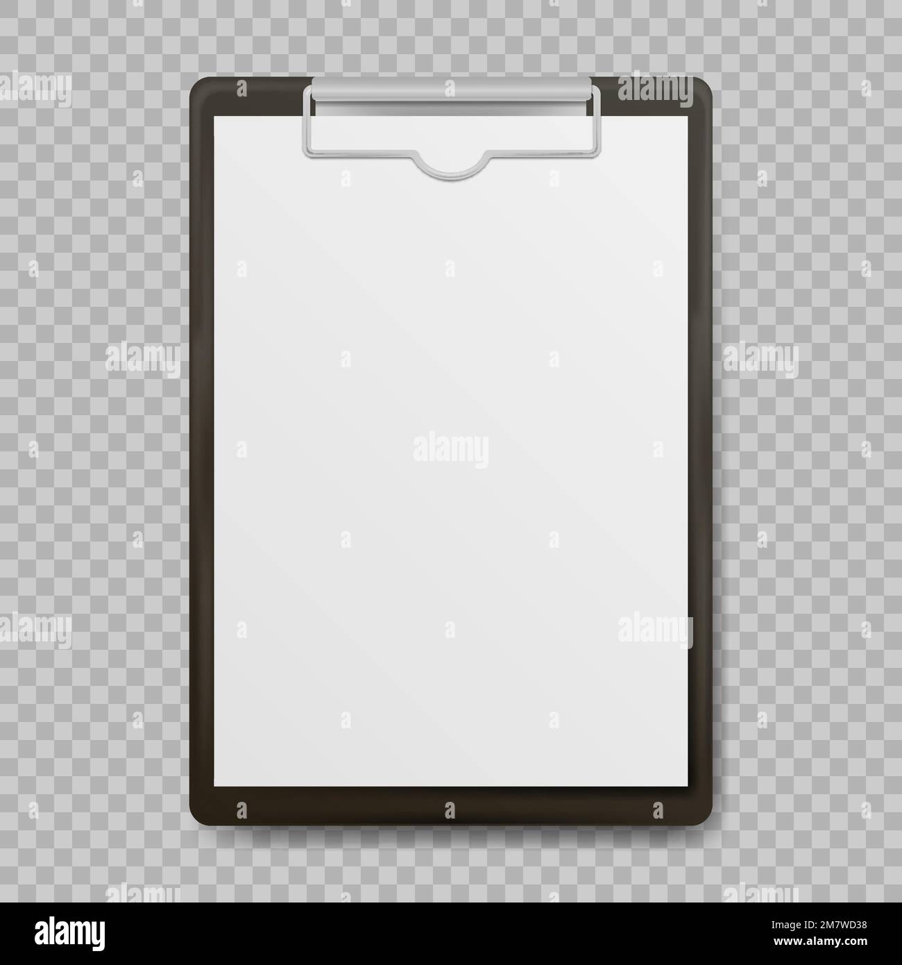 Presse-papiers noir avec feuille blanche vierge attachée sur fond transparent. Illustration vectorielle. SPE 10. Illustration de Vecteur