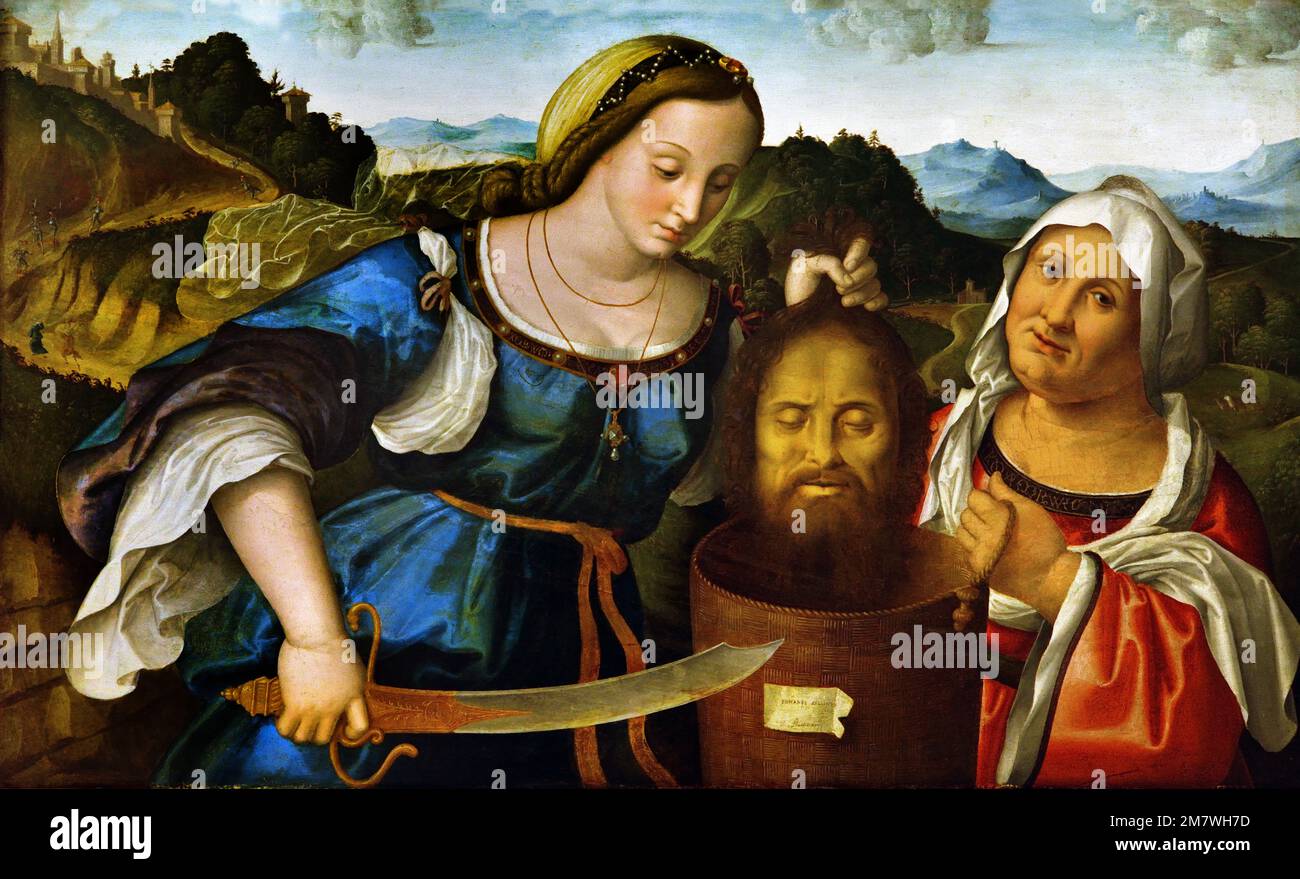 Judith tenant la tête de Holofernes 1525 auteur Marco Palmezzano 1460-1539 Italien, Italie, Judith rencontre et bols, sur le, général ennemi Holofernes. Il prévoit de la séduire, mais elle tourne les tables sur lui. Elle attend jusqu'à ce qu'il soit ivre et endormi, puis elle le tue, en le piratant de la tête, comme il se trouve dans un stupeur ivre, Banque D'Images