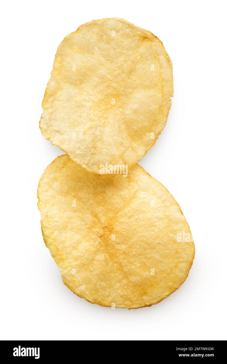 Groupe de chips de pommes de terre naturelles rondes, isolées sur fond blanc Banque D'Images